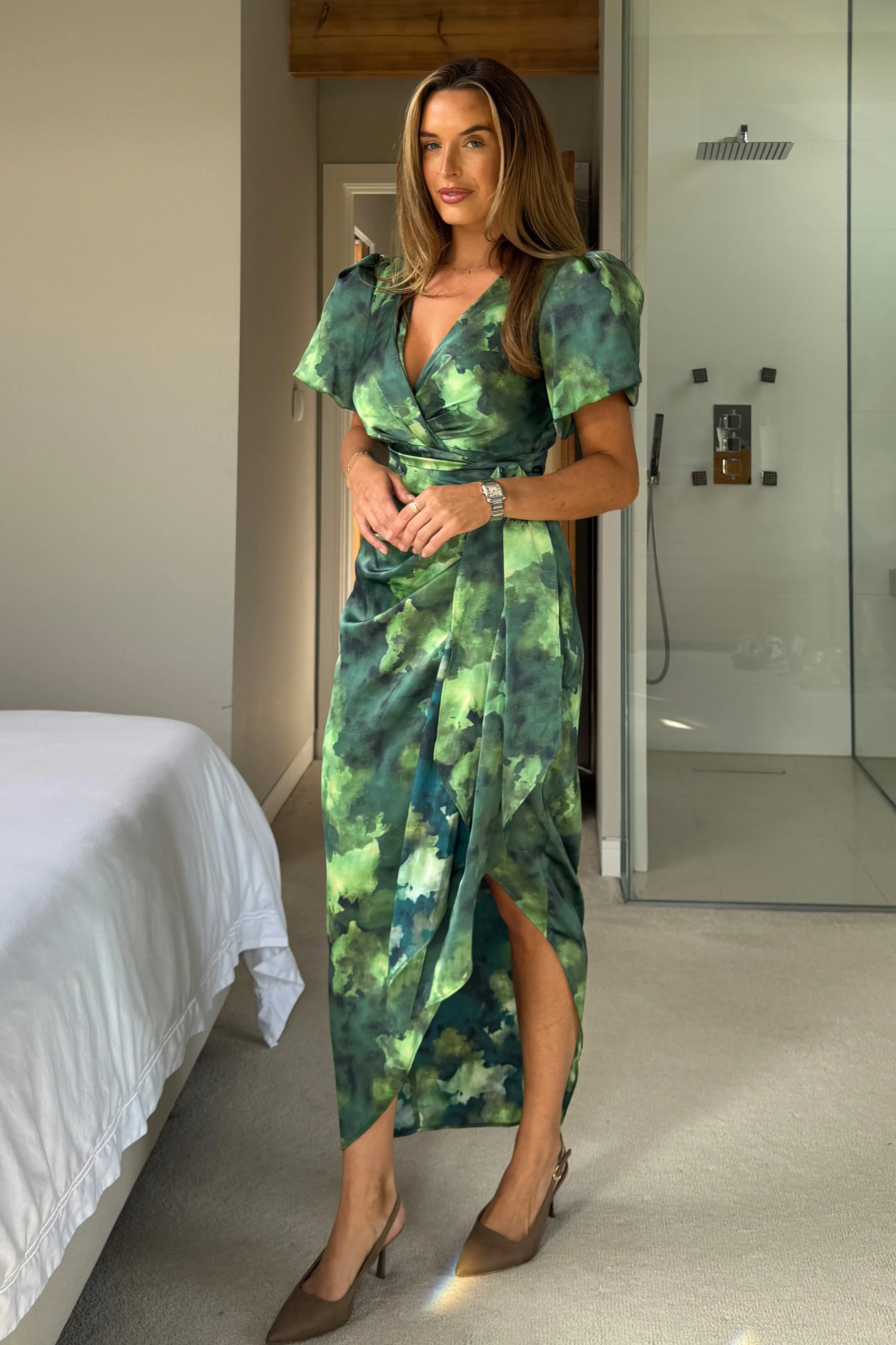 Drew Puff Sleeve Wrap Front Midi Dress Green Marble *NEW FIT* - Image 3