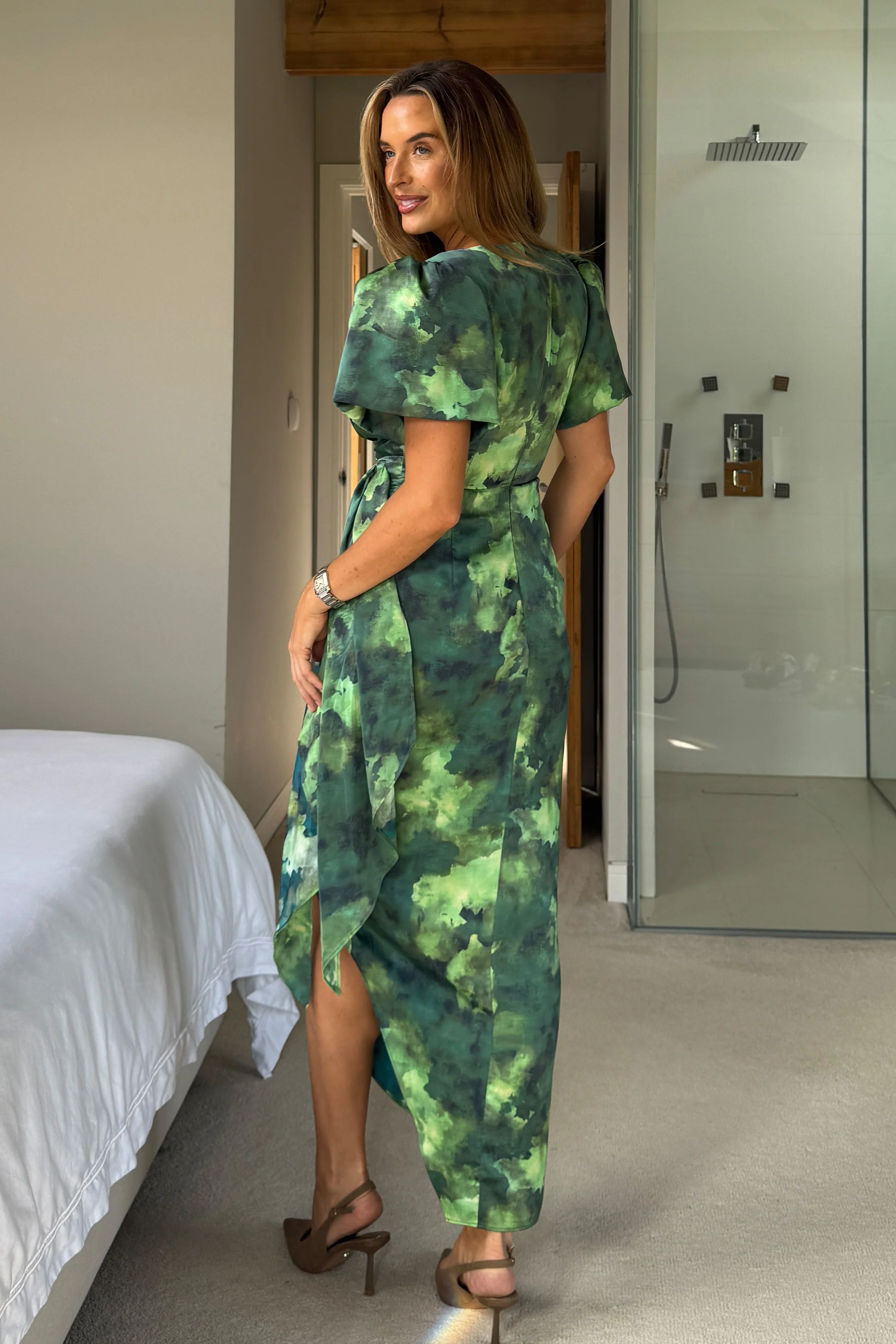 Drew Puff Sleeve Wrap Front Midi Dress Green Marble *NEW FIT* - Image 4
