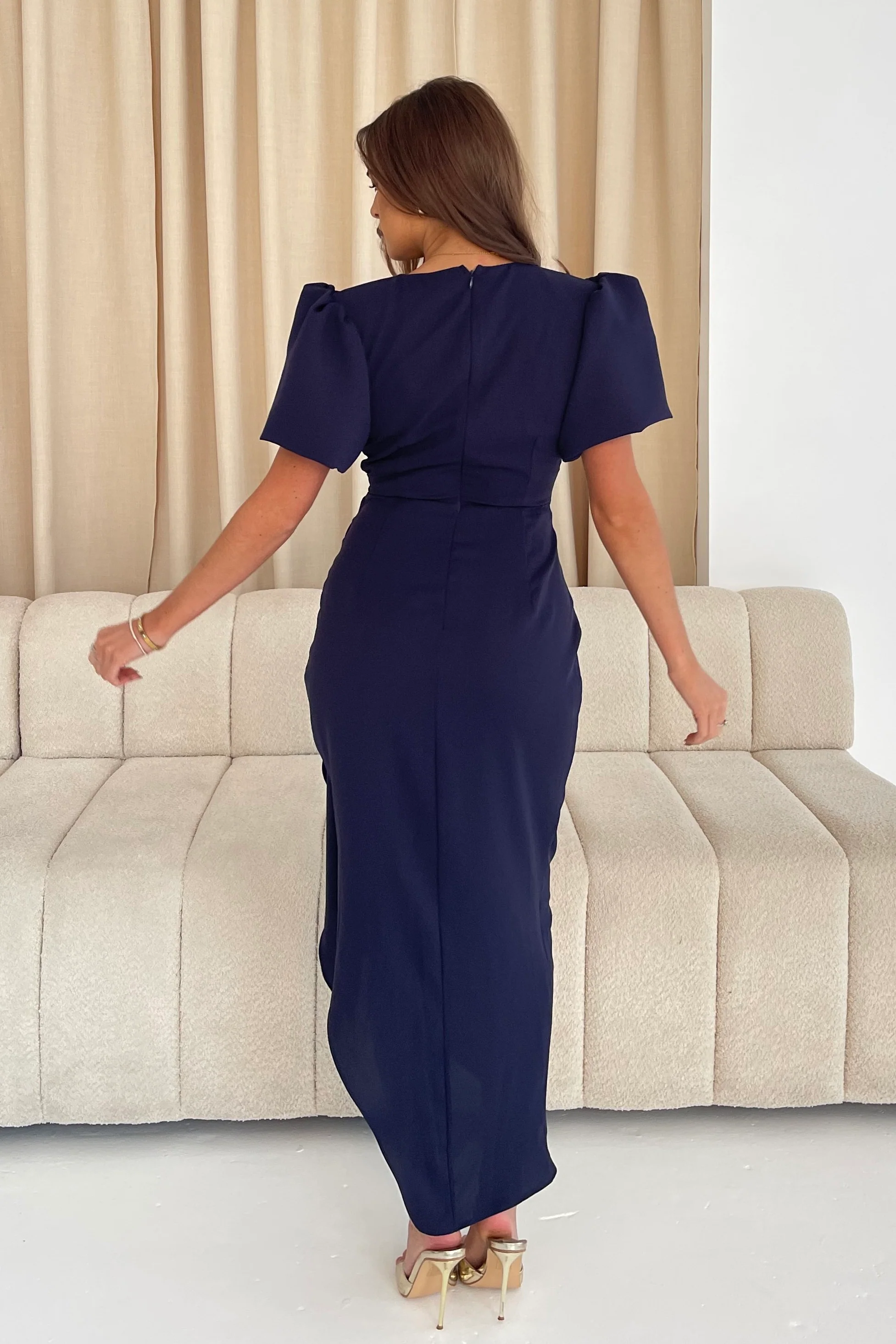 Drew Puff Sleeve Wrap Front Midi Dress Navy - Image 5