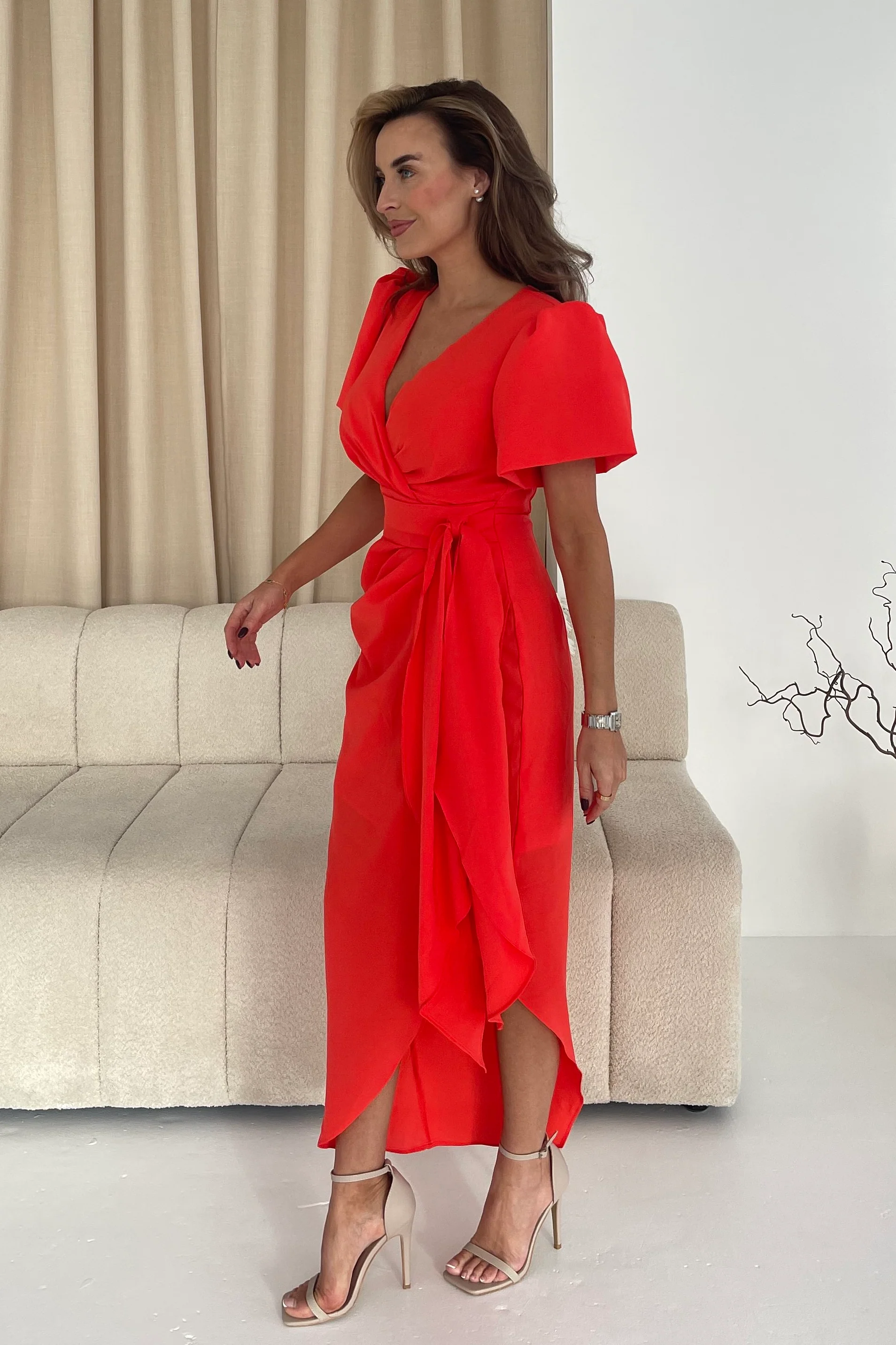 Drew Puff Sleeve Wrap Front Midi Dress Orange - Image 4