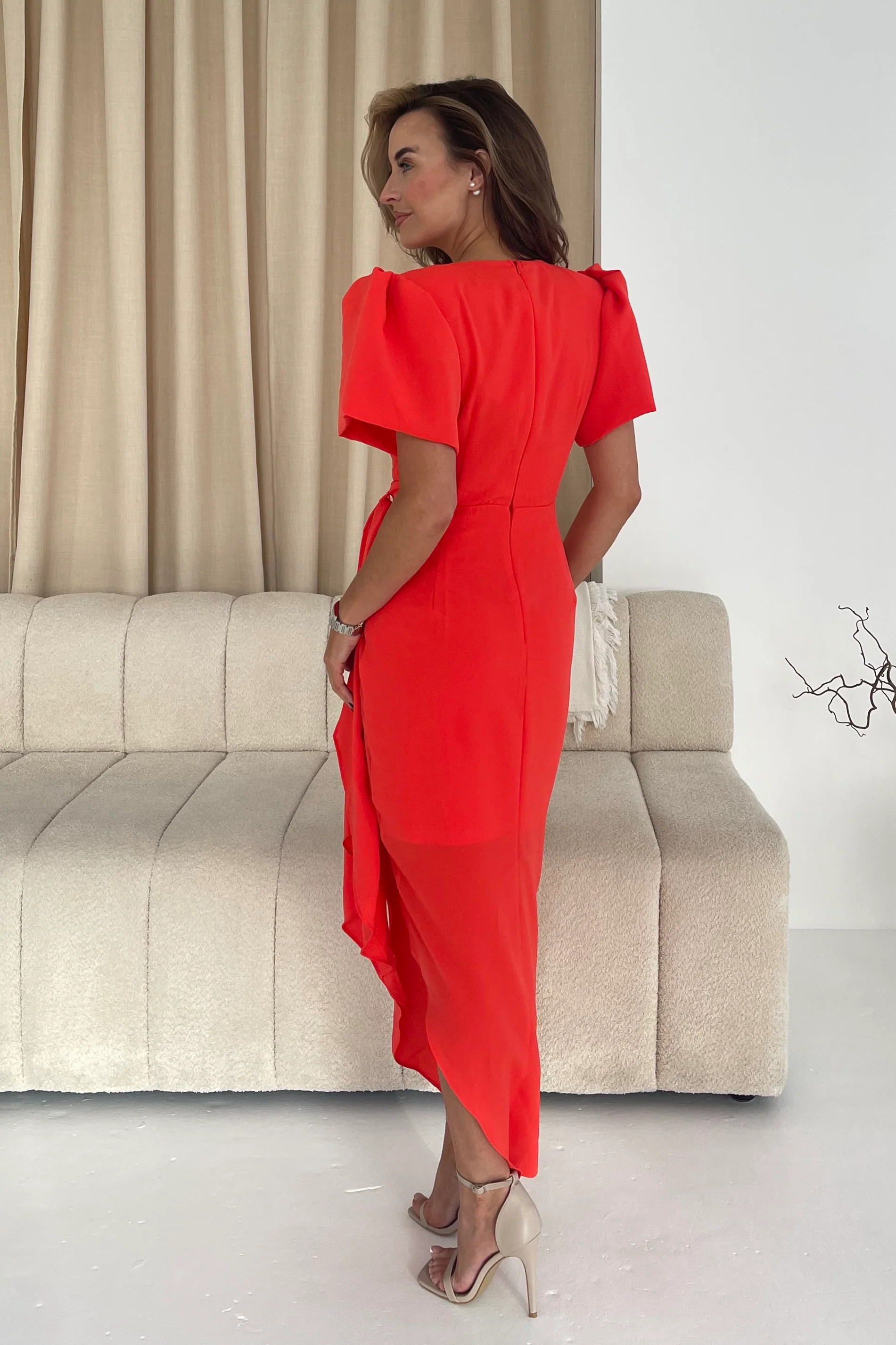 Drew Puff Sleeve Wrap Front Midi Dress Orange - Image 5
