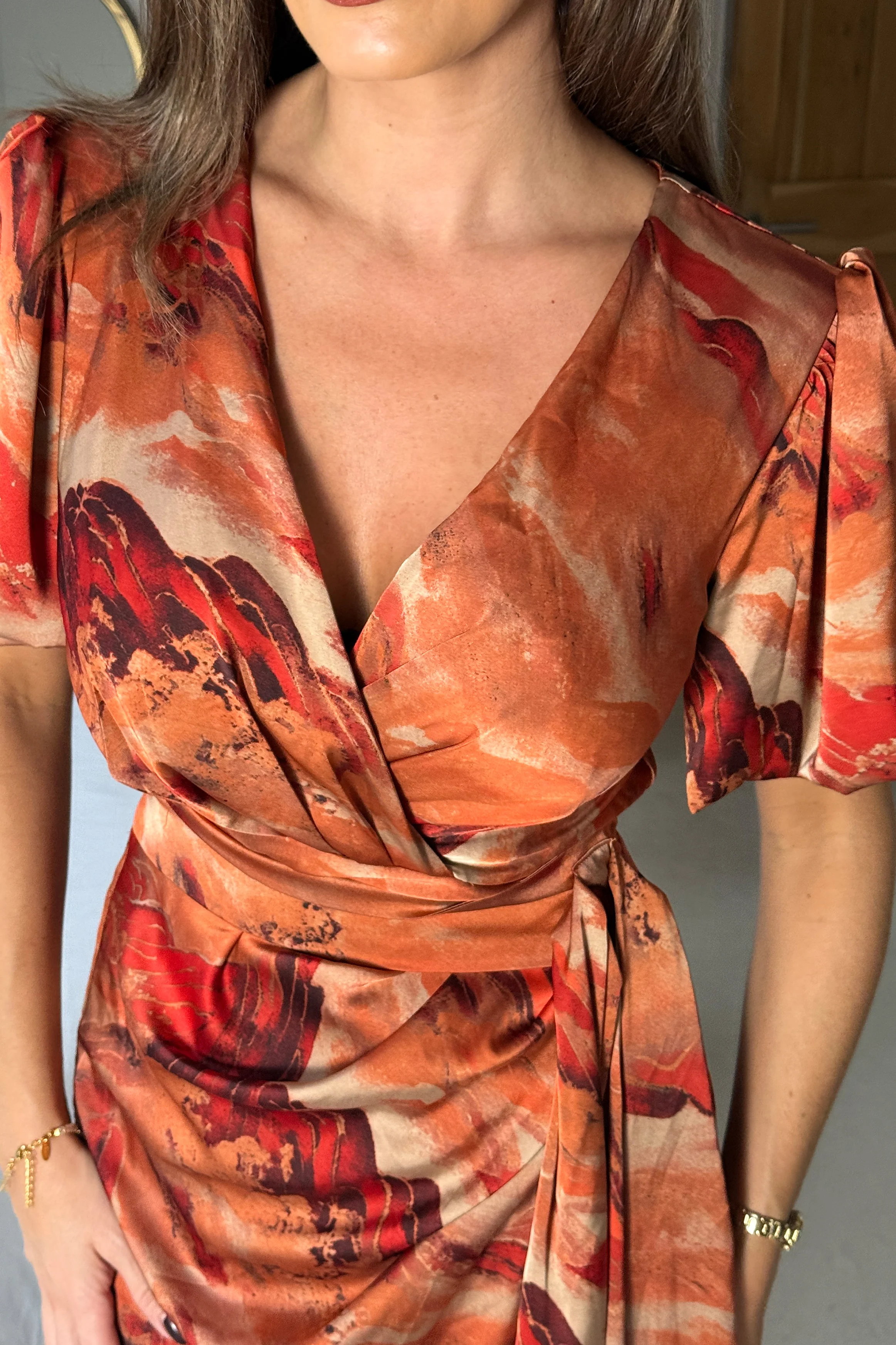 Drew Puff Sleeve Wrap Front Midi Dress Orange Abstract - Image 2