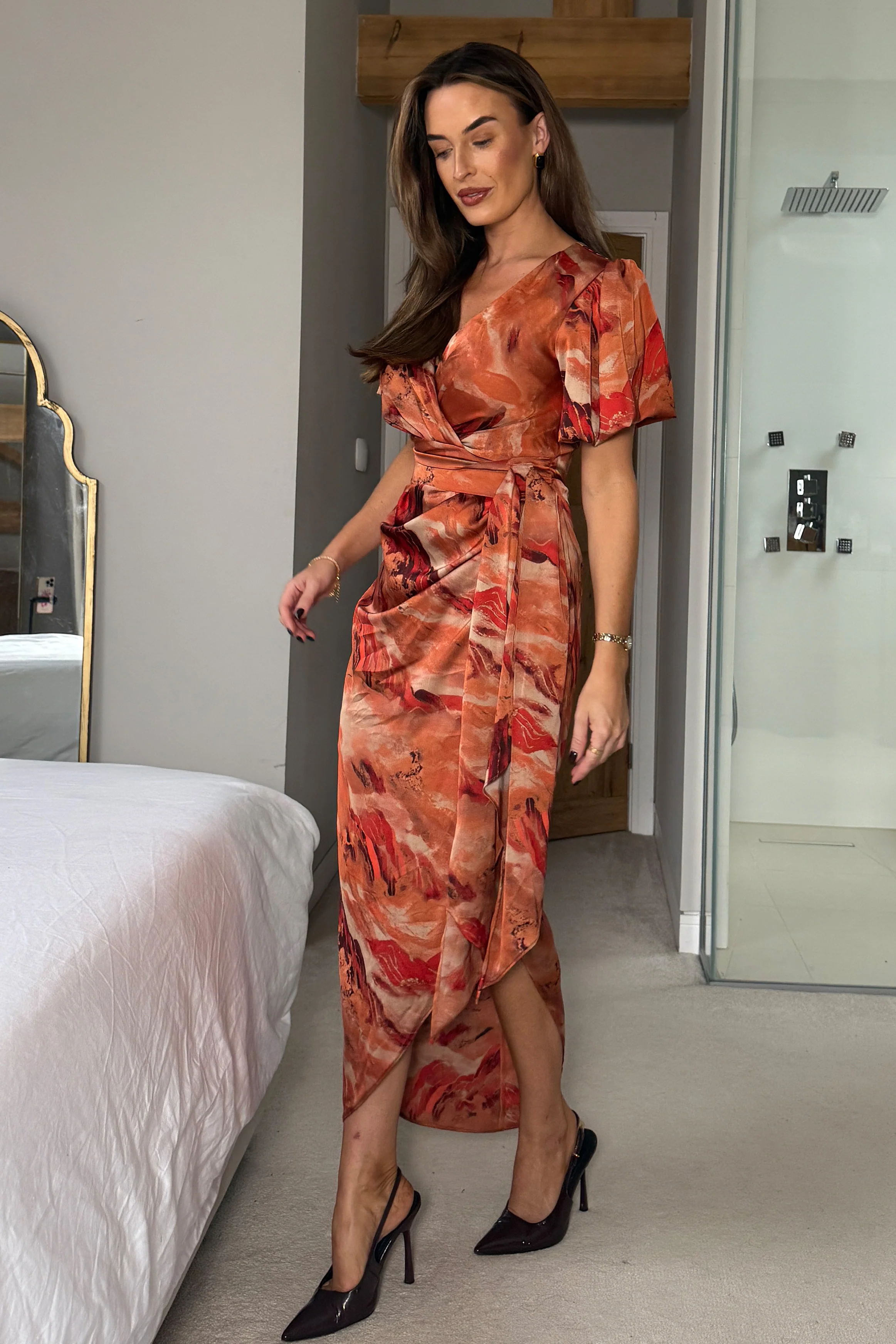 Drew Puff Sleeve Wrap Front Midi Dress Orange Abstract - Image 3