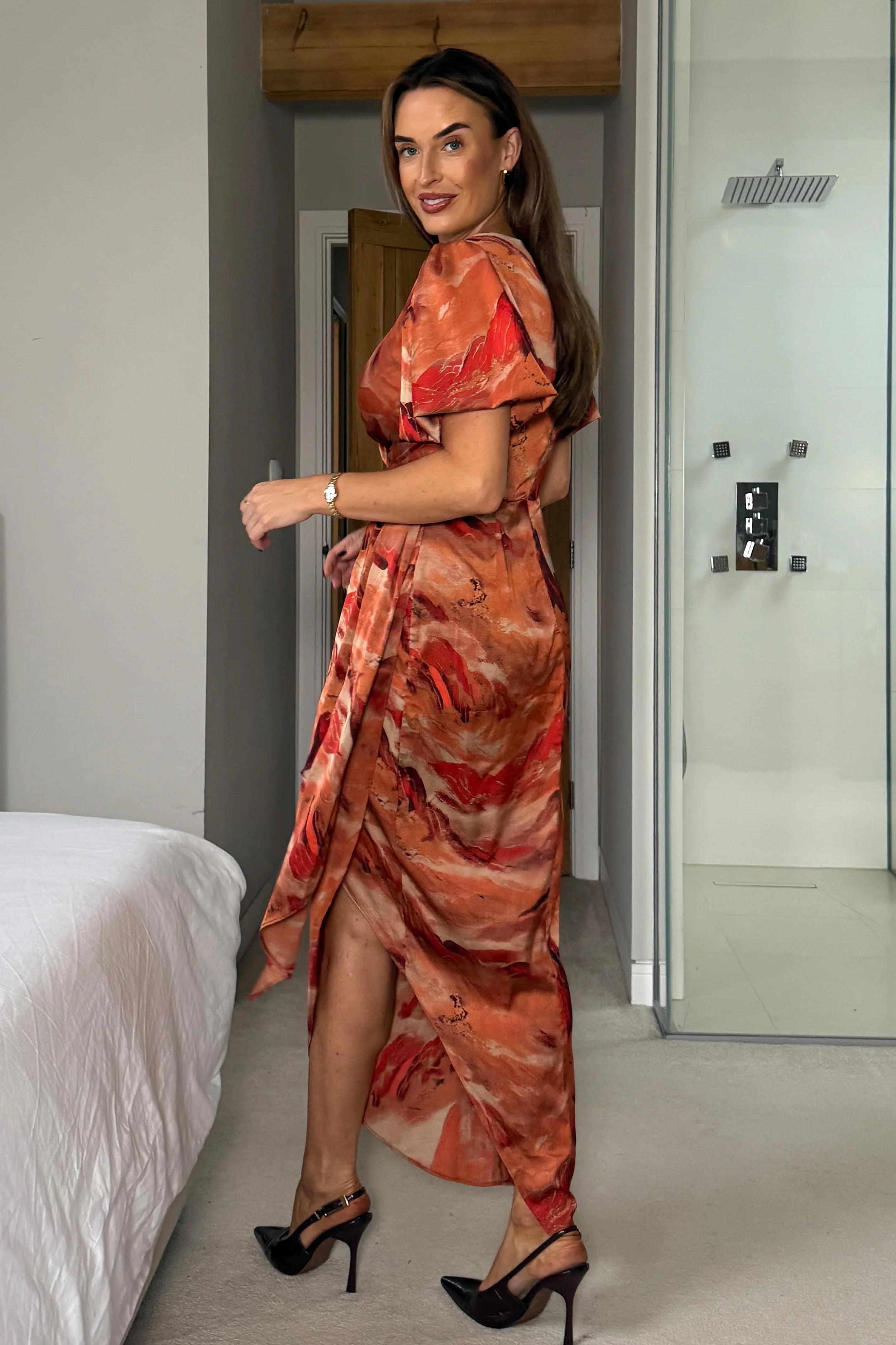 Drew Puff Sleeve Wrap Front Midi Dress Orange Abstract - Image 4