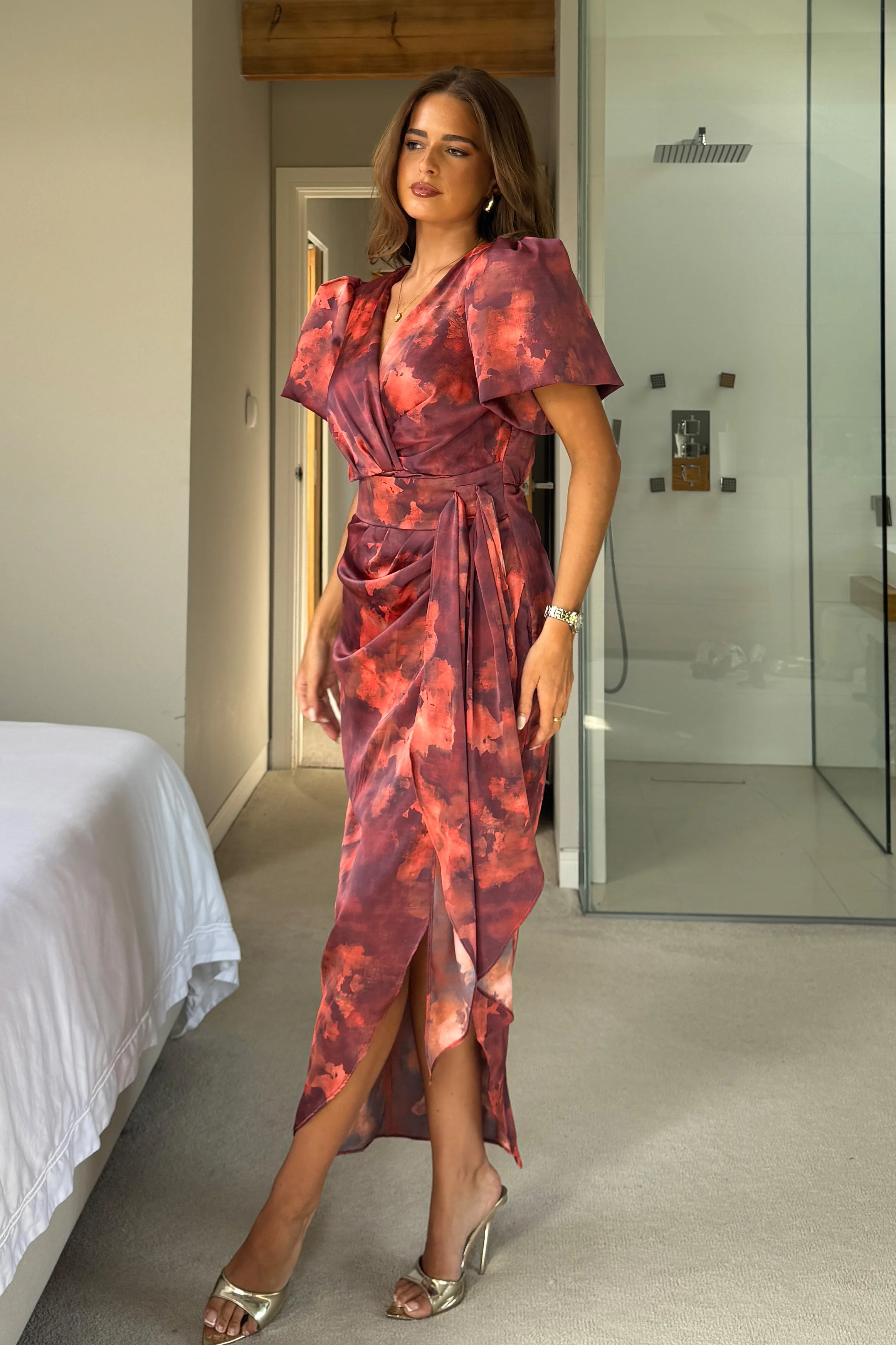 Drew Puff Sleeve Wrap Front Midi Dress Orange Marble *NEW FIT* - Image 3