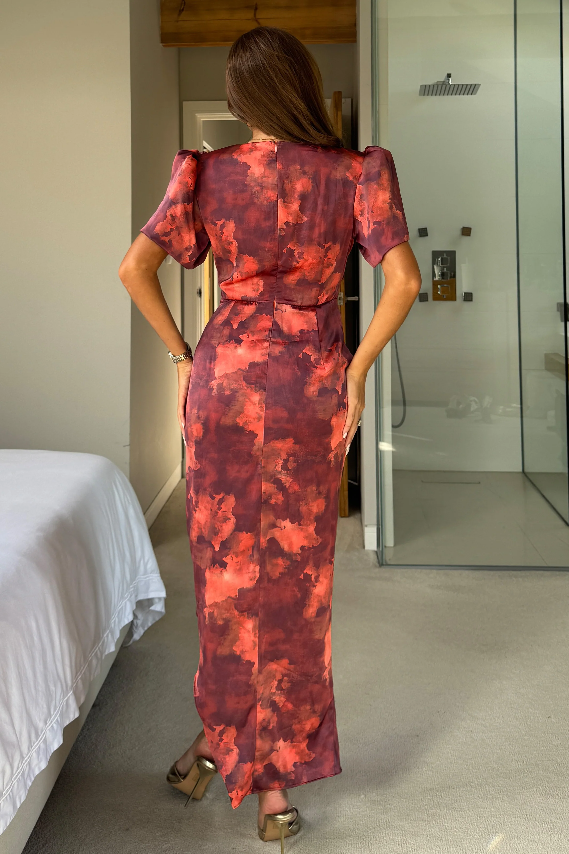 Drew Puff Sleeve Wrap Front Midi Dress Orange Marble *NEW FIT* - Image 4