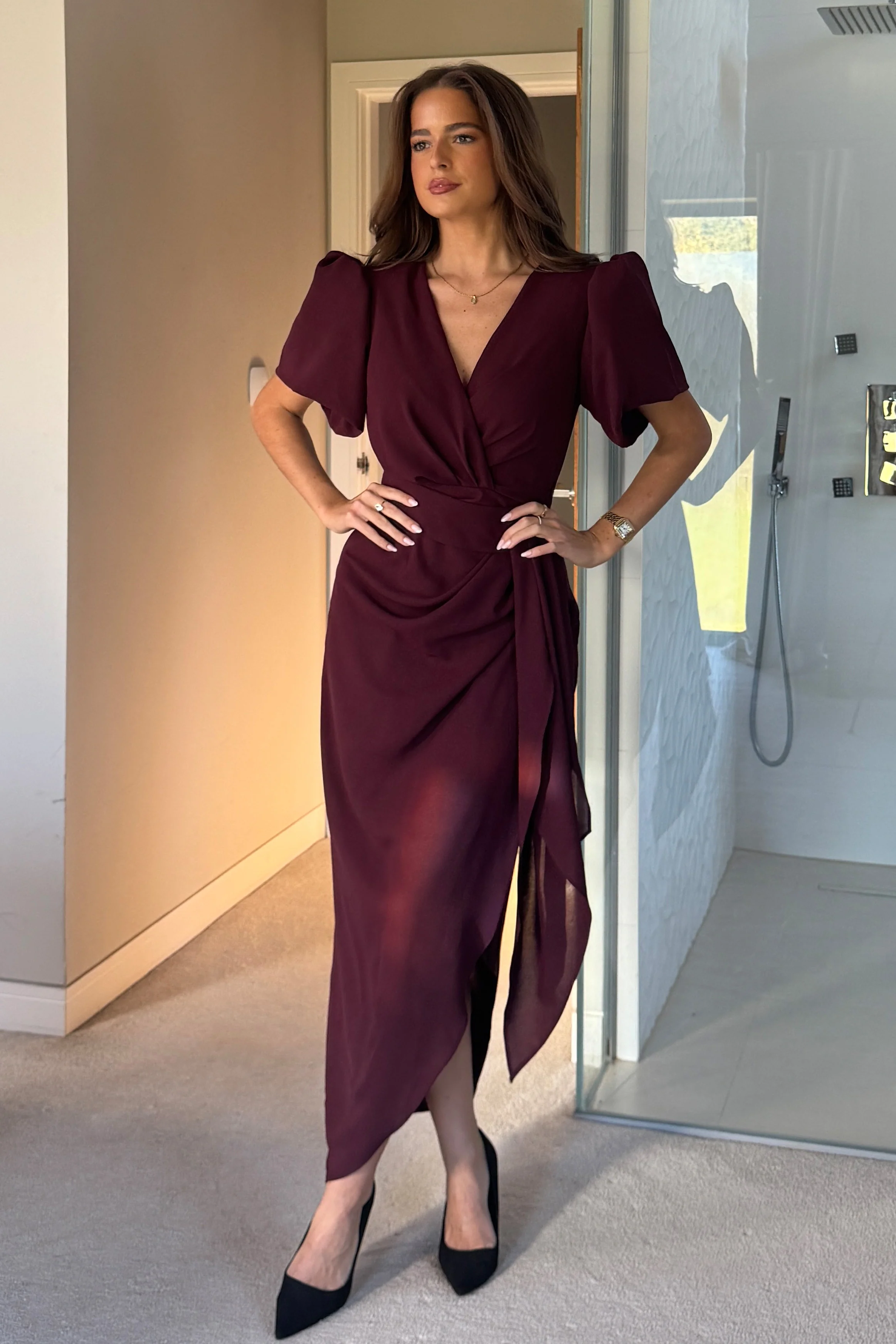 Drew Puff Sleeve Wrap Front Midi Dress Plum - Image 3