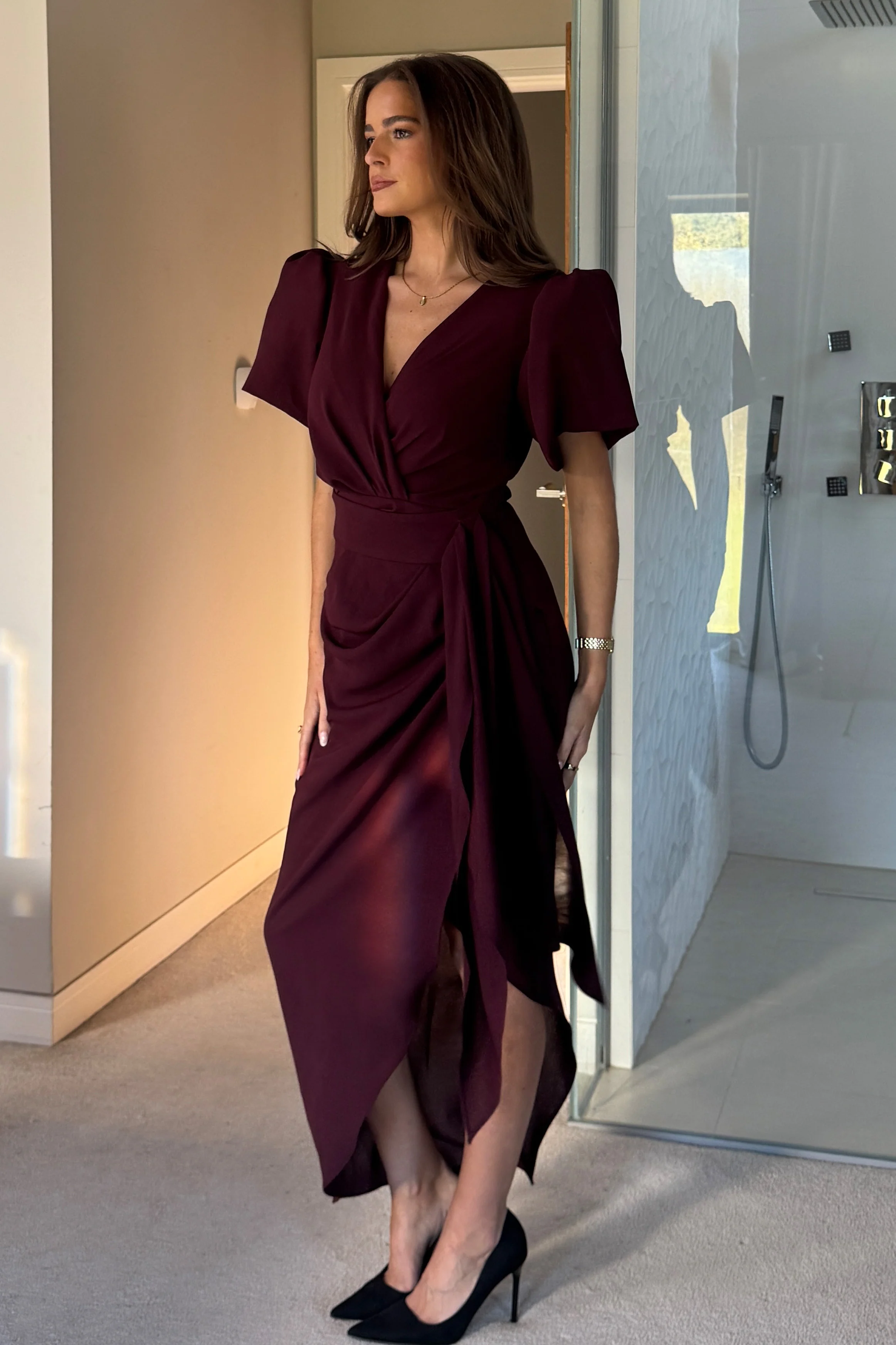Drew Puff Sleeve Wrap Front Midi Dress Plum - Image 4