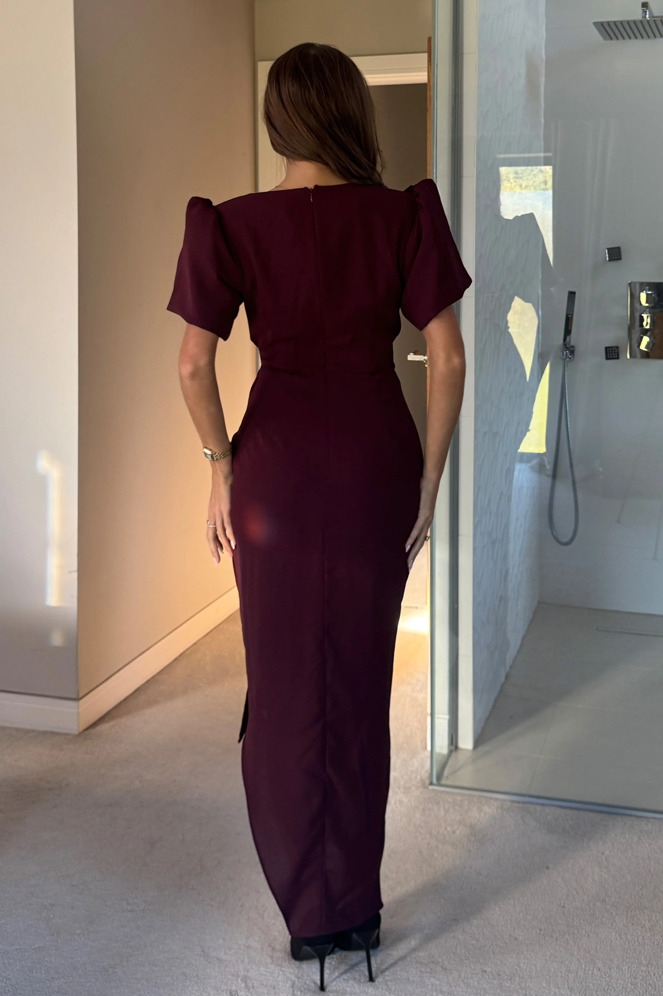 Drew Puff Sleeve Wrap Front Midi Dress Plum - Image 5