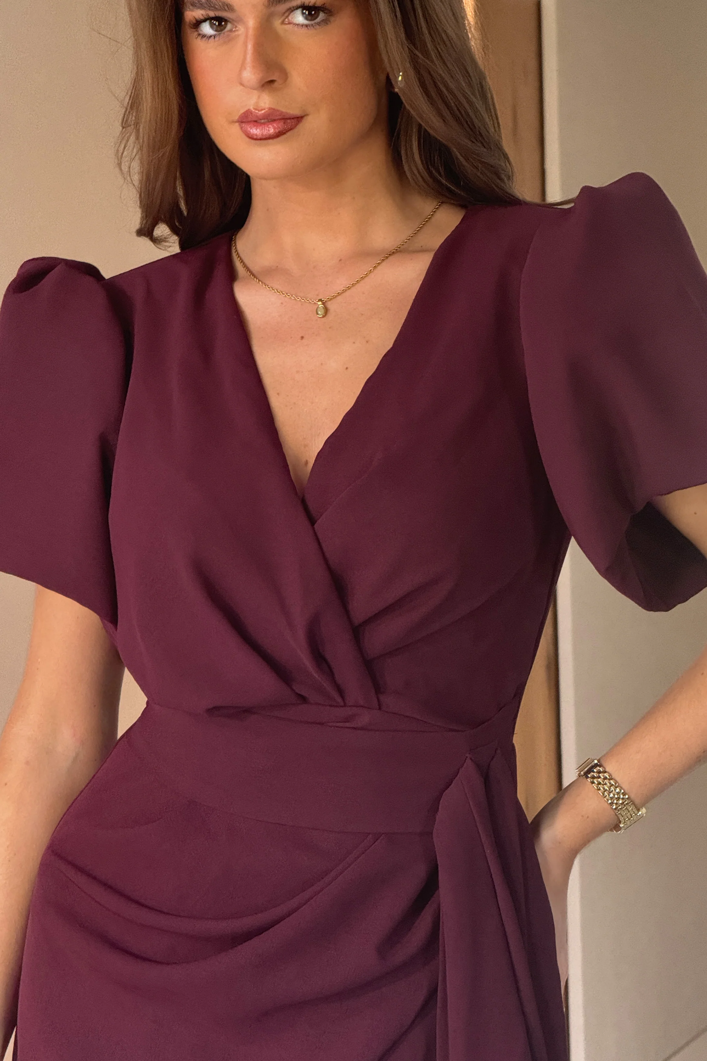 Drew Puff Sleeve Wrap Front Midi Dress Plum - Image 6