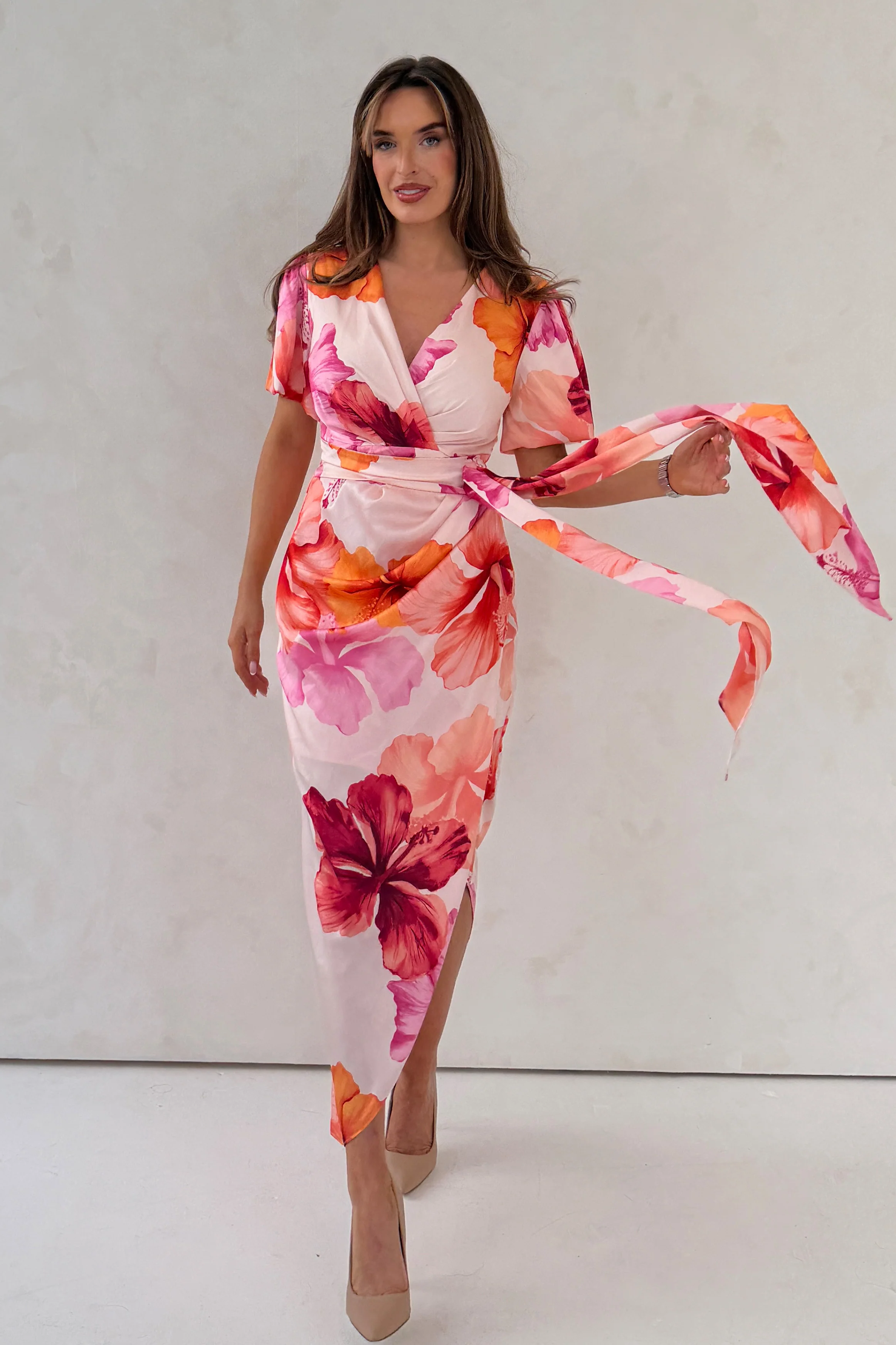 Drew Puff Sleeve Wrap Front Midi Dress Floral Print - Image 3