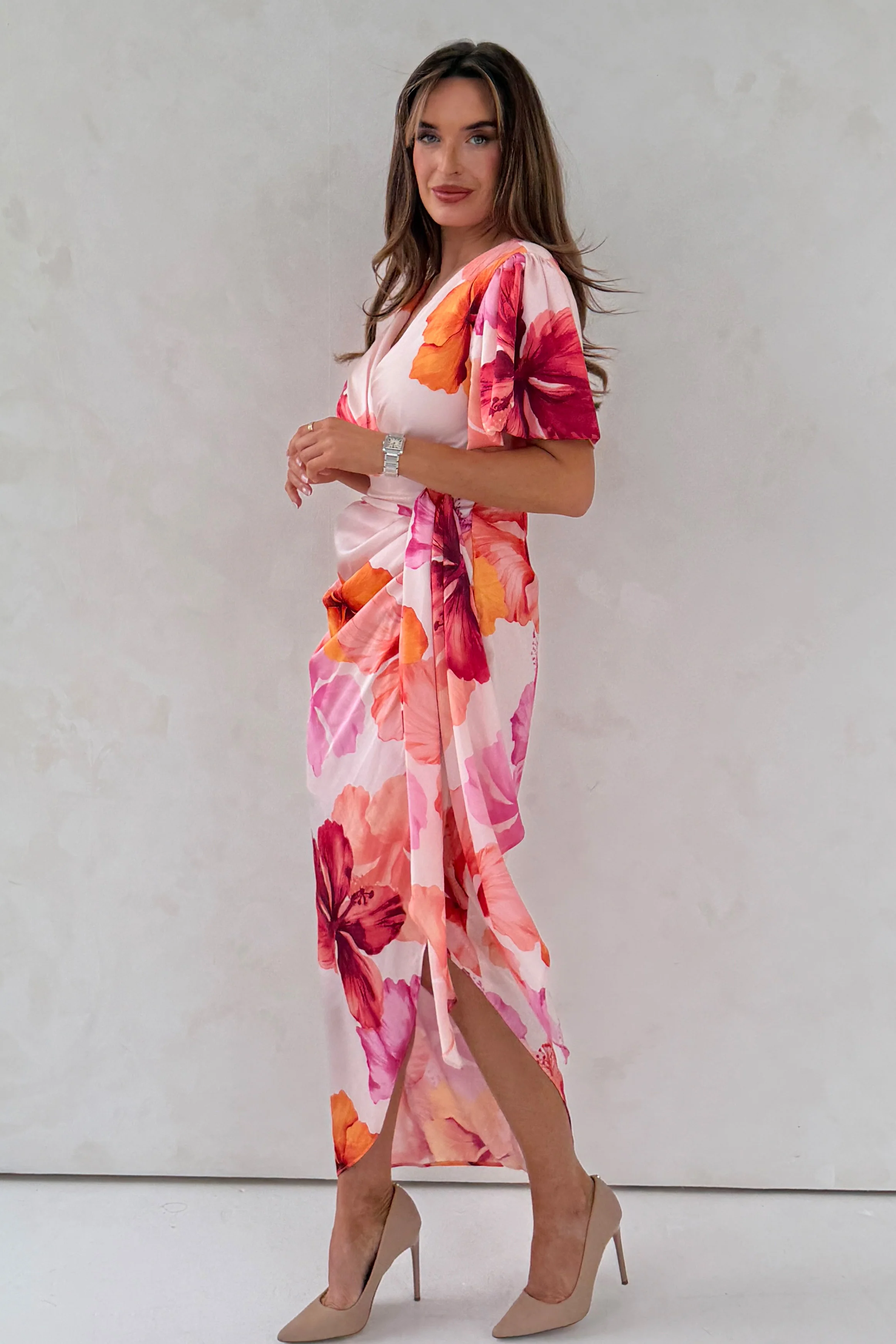 Drew Puff Sleeve Wrap Front Midi Dress Floral Print - Image 4