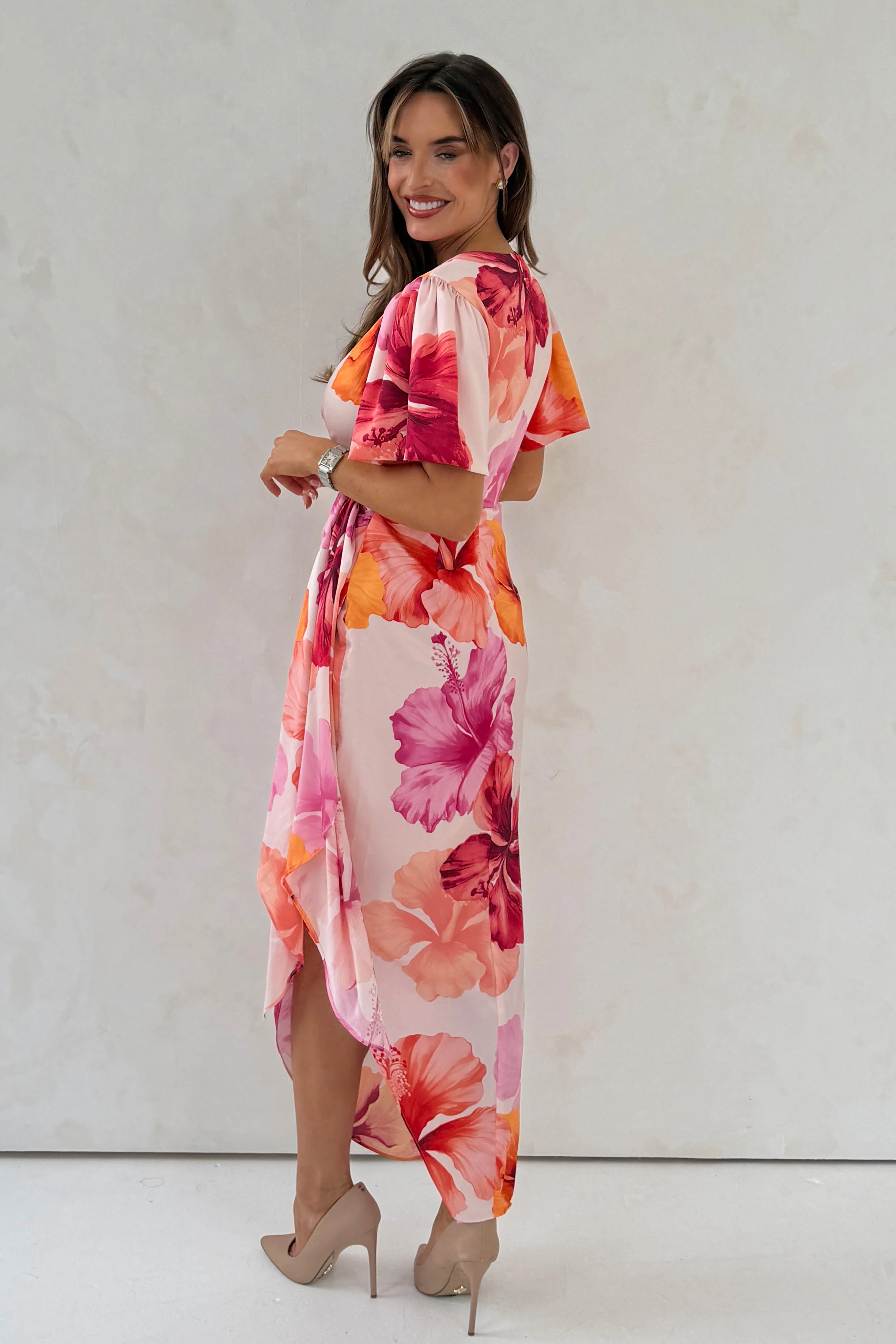 Drew Puff Sleeve Wrap Front Midi Dress Floral Print - Image 5