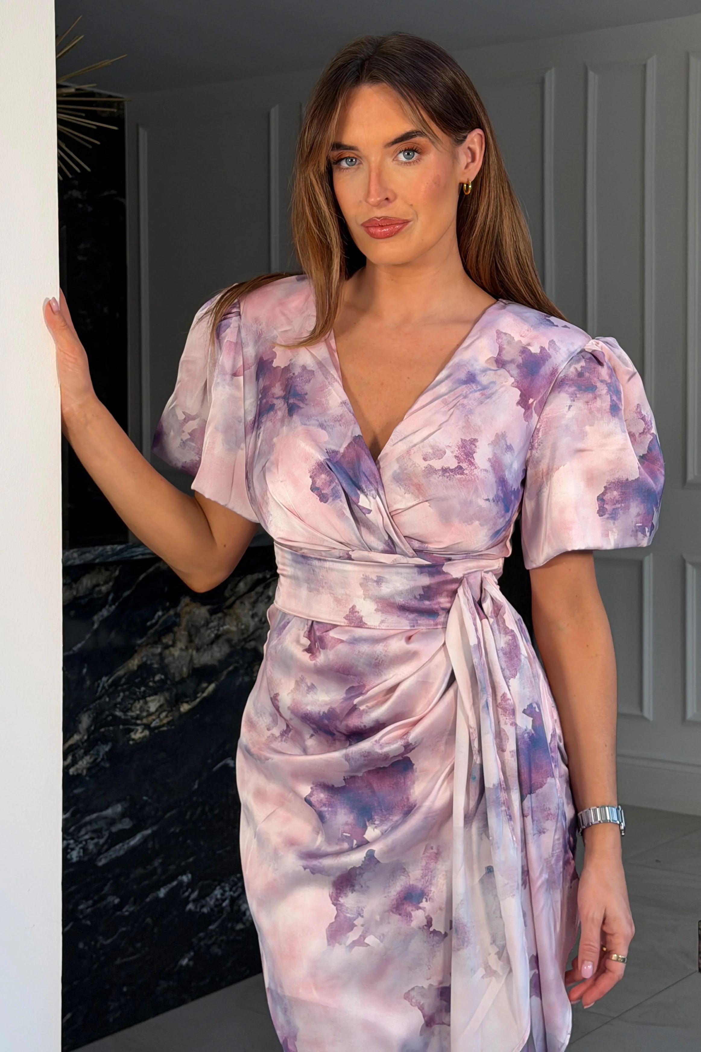 Drew Puff Sleeve Wrap Front Midi Dress Purple Marble - Image 2