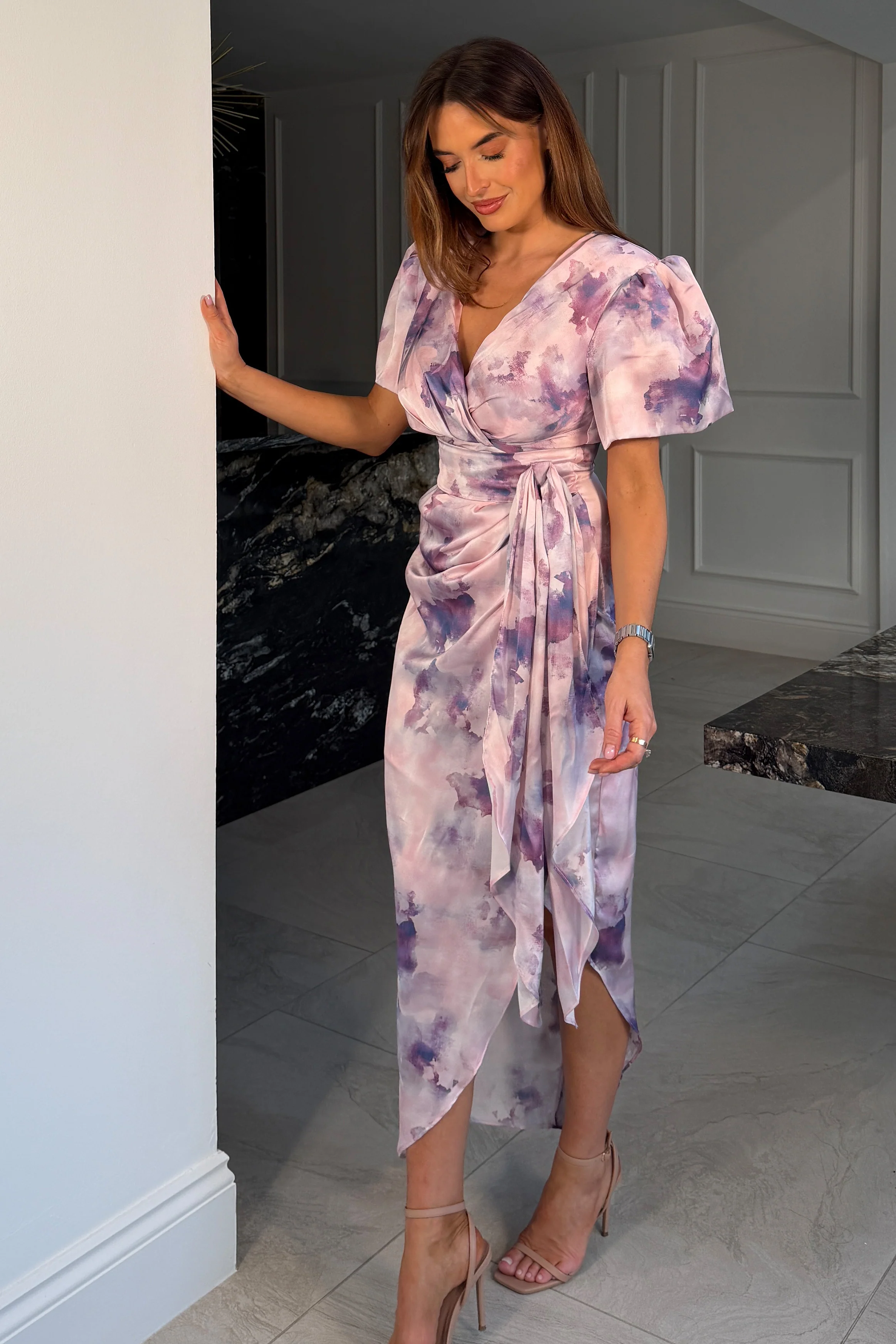 Drew Puff Sleeve Wrap Front Midi Dress Purple Marble - Image 4