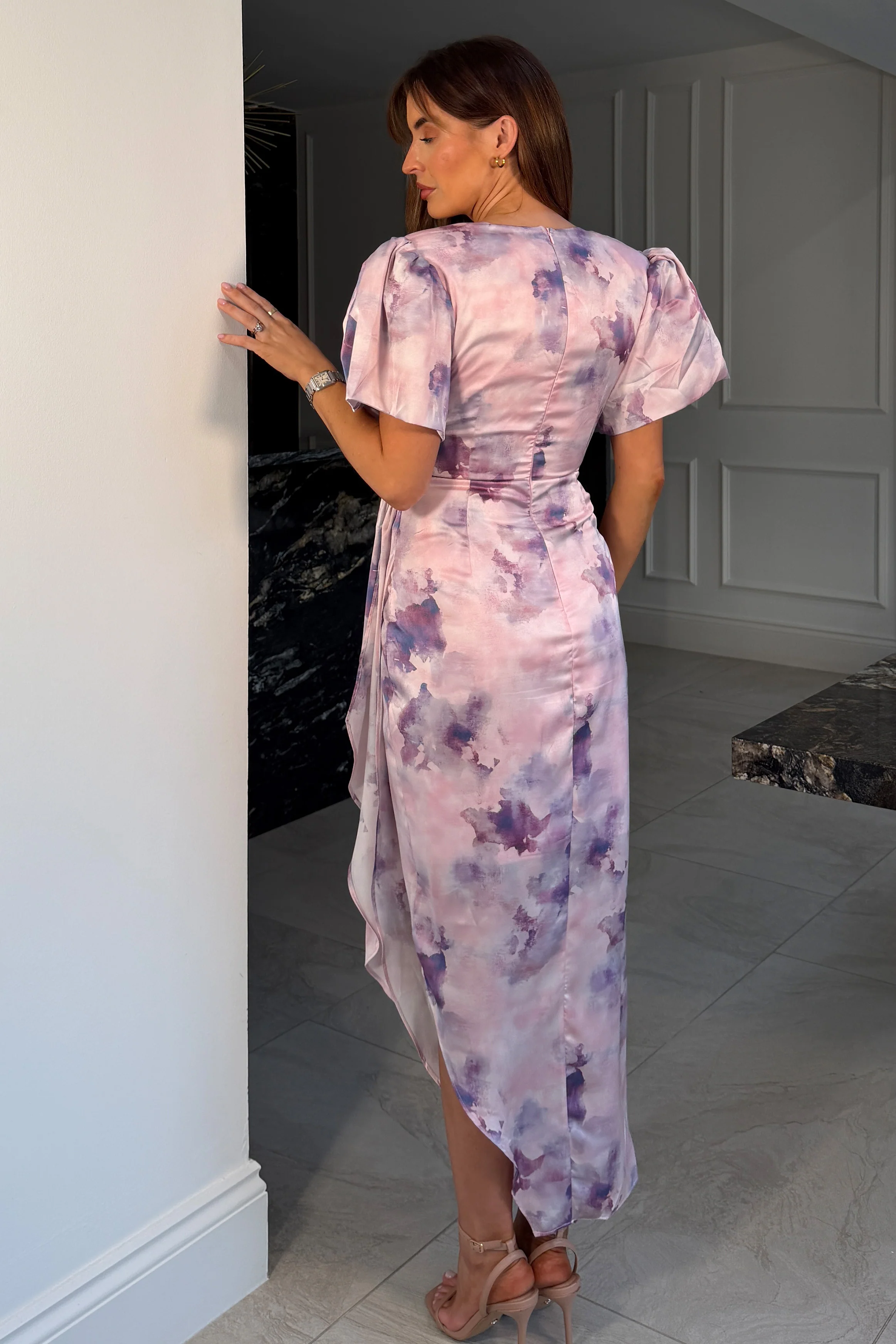 Drew Puff Sleeve Wrap Front Midi Dress Purple Marble - Image 5