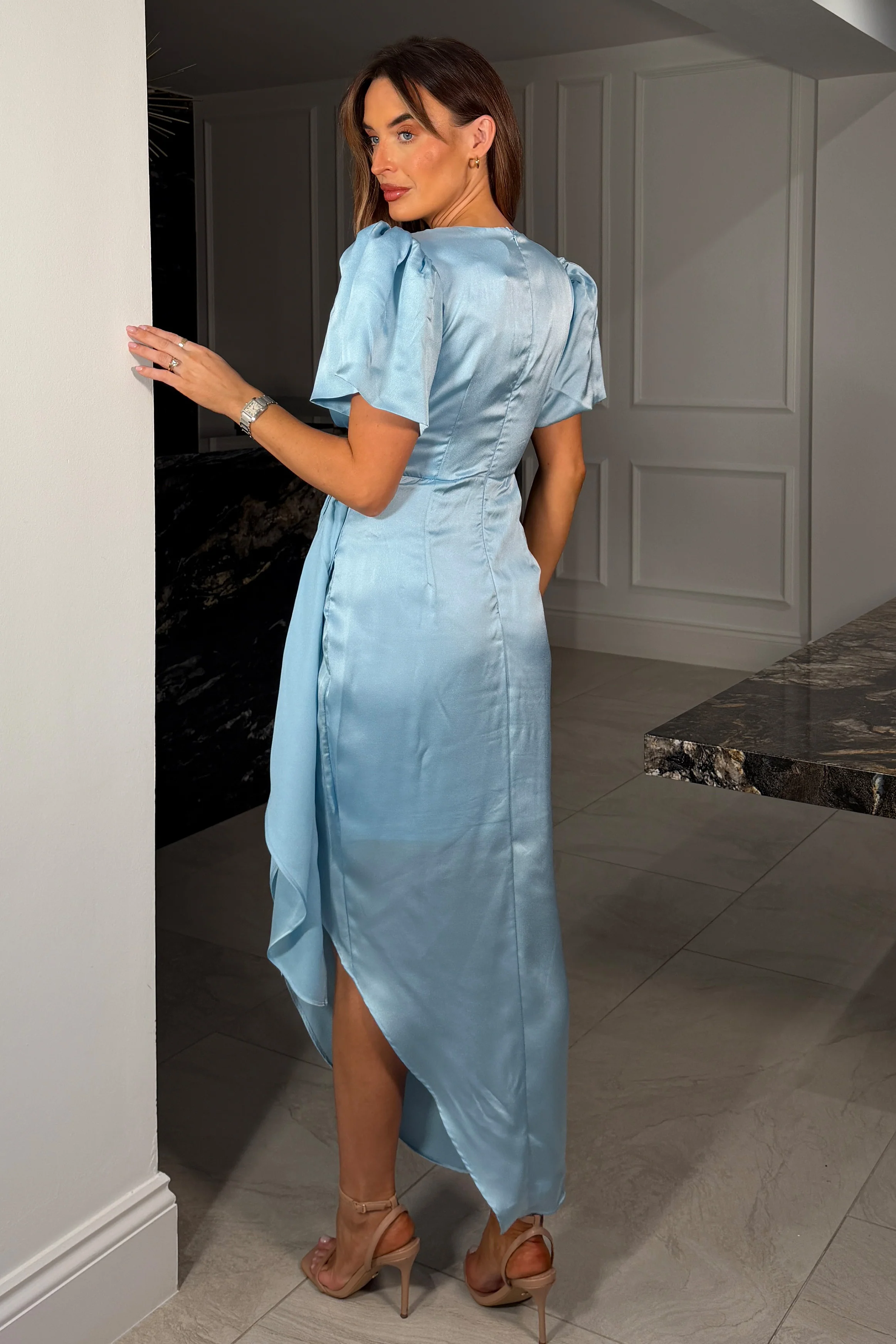 Drew Puff Sleeve Wrap Front Midi Dress Sky Blue - Image 4
