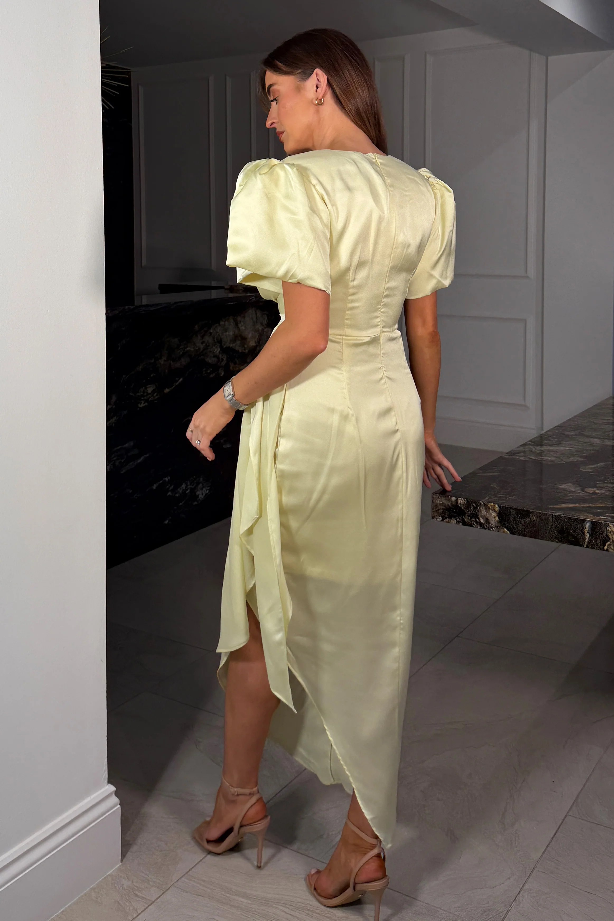 Drew Puff Sleeve Wrap Front Midi Dress Yellow - Image 4