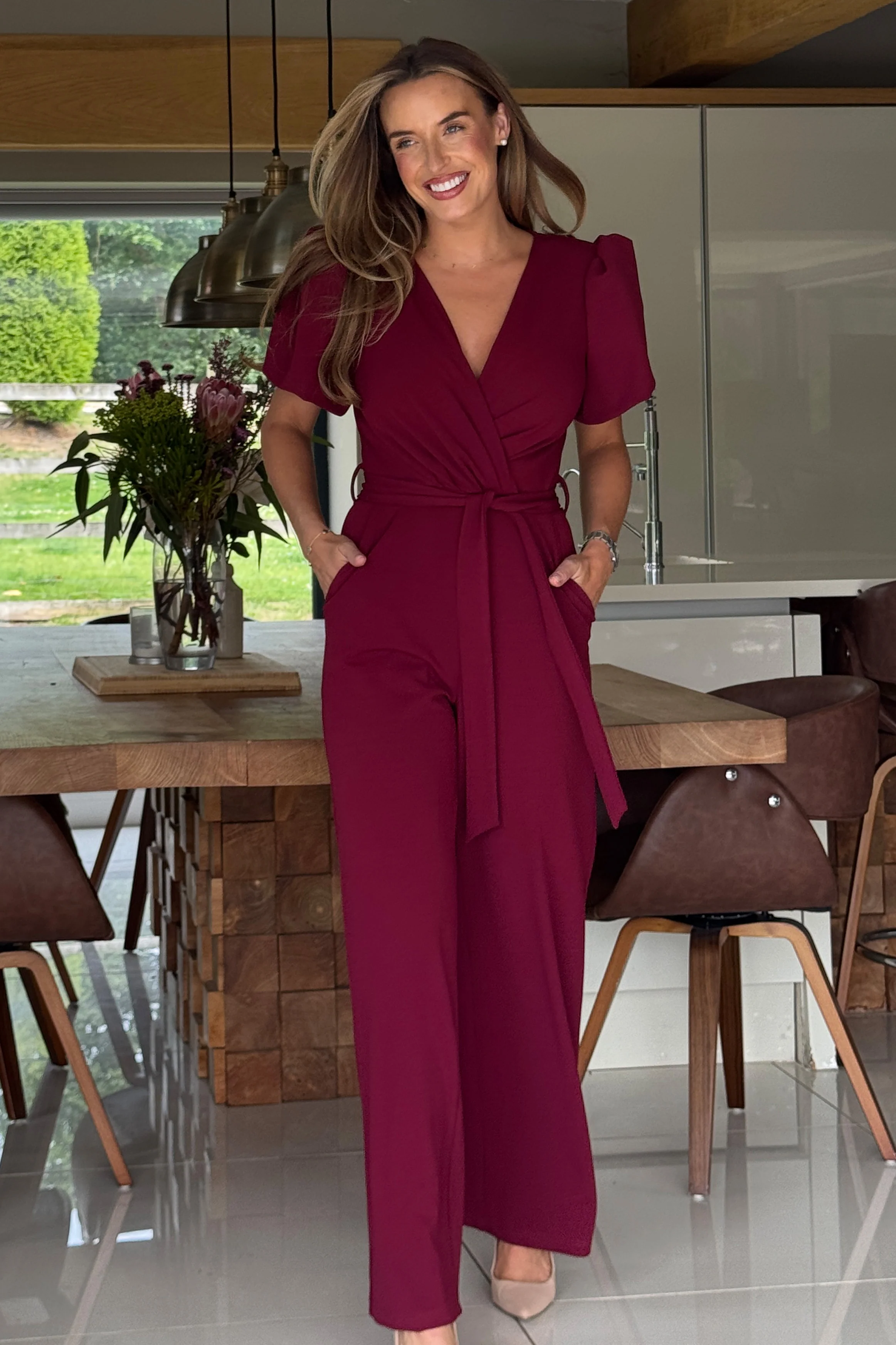 Drew Wrap Neck Puff Sleeve Jumpsuit Berry - Image 3