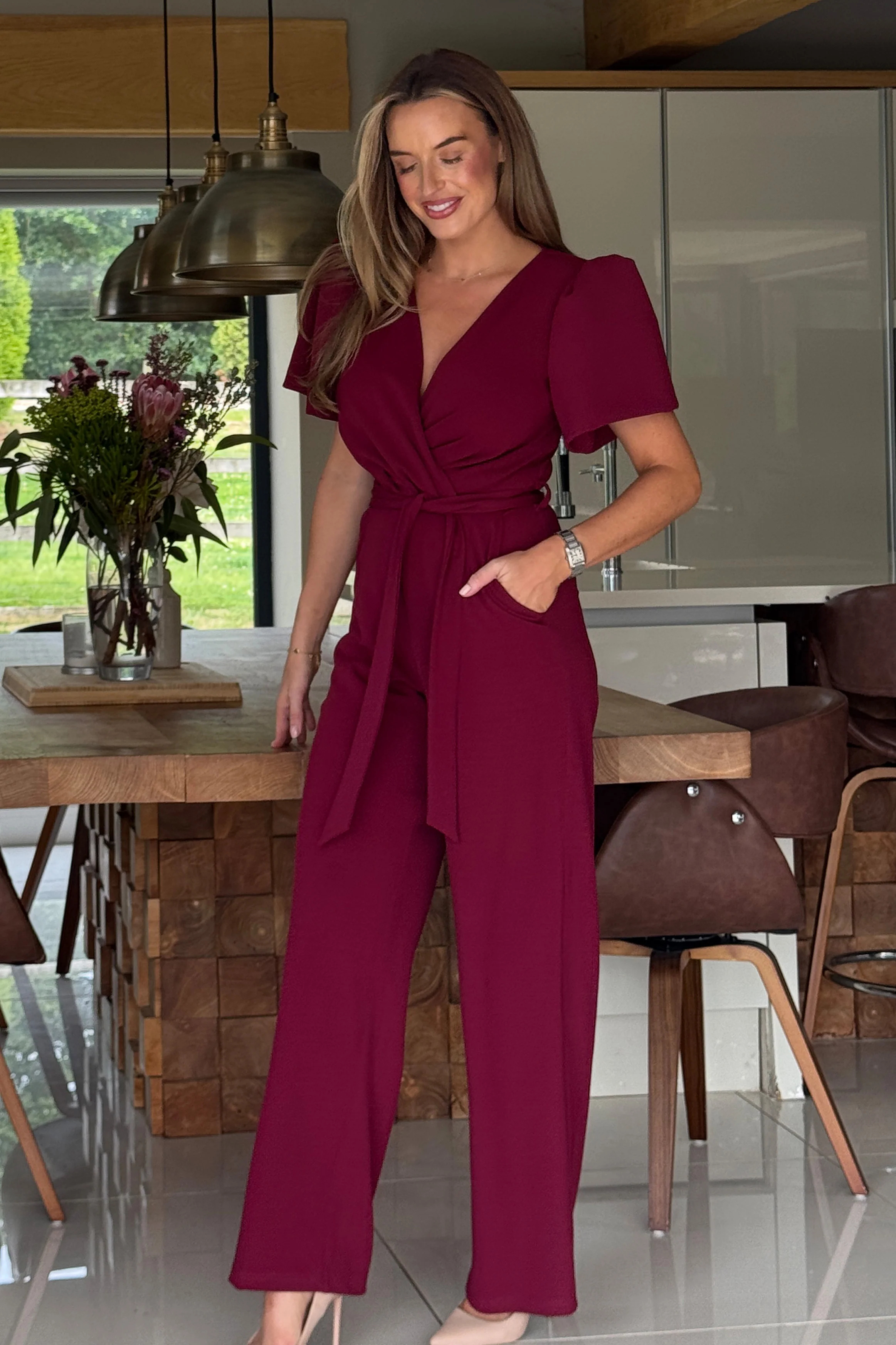 Drew Wrap Neck Puff Sleeve Jumpsuit Berry - Image 4