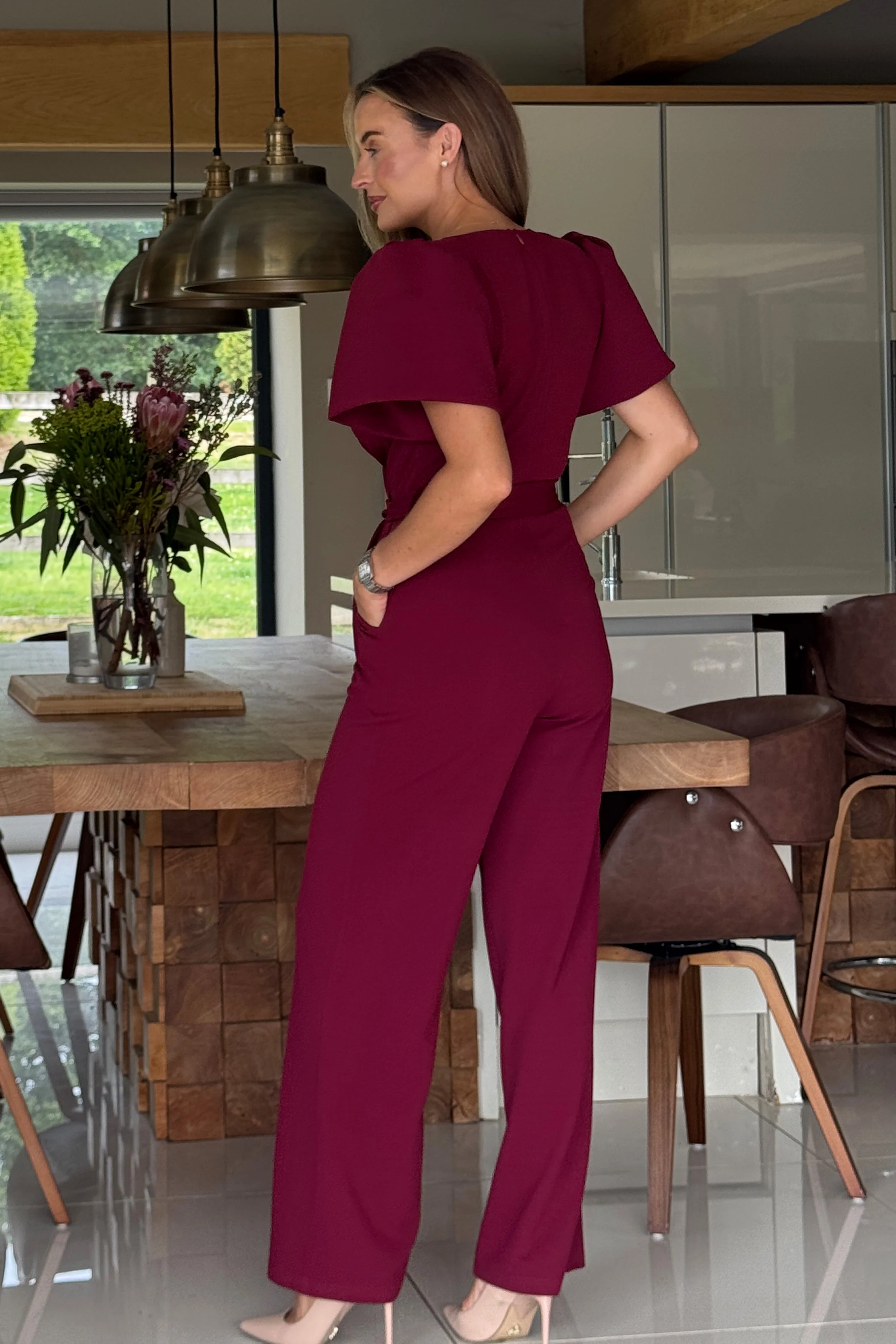 Drew Wrap Neck Puff Sleeve Jumpsuit Berry - Image 5