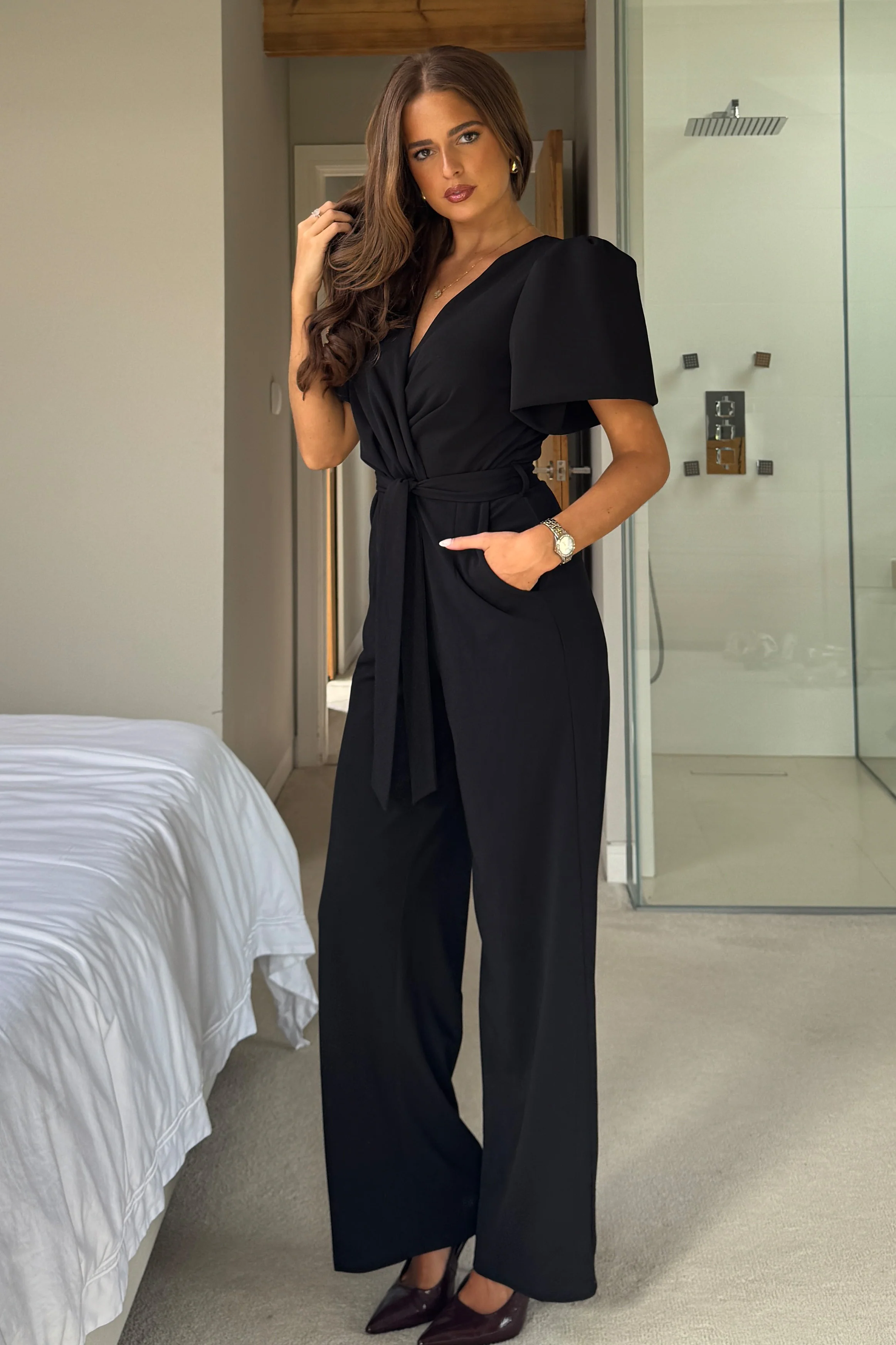Drew Wrap Neck Puff Sleeve Jumpsuit Black - Image 5