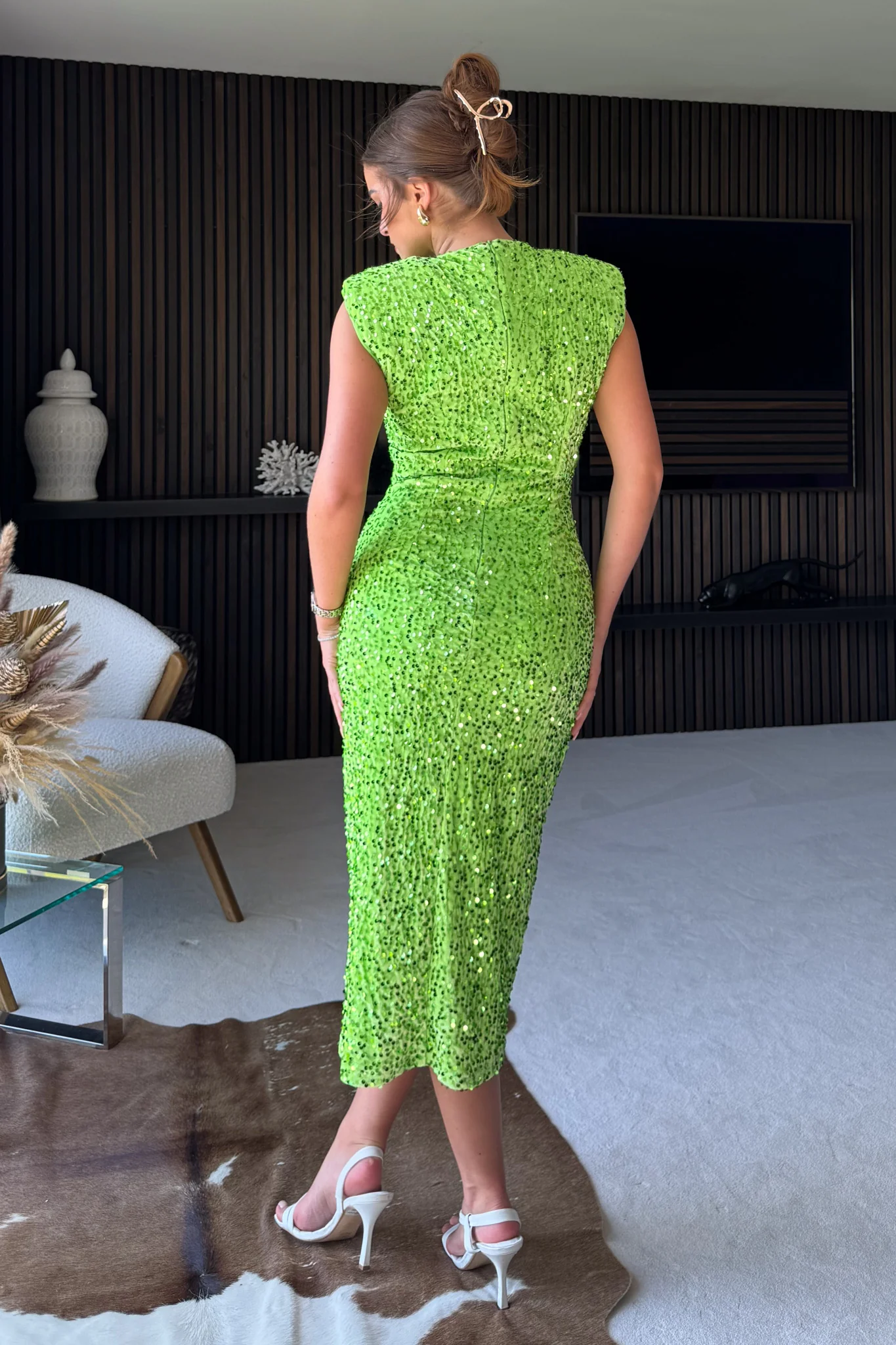 Edessa Lime Sequin Shoulder Pad Midi Dress - Image 3