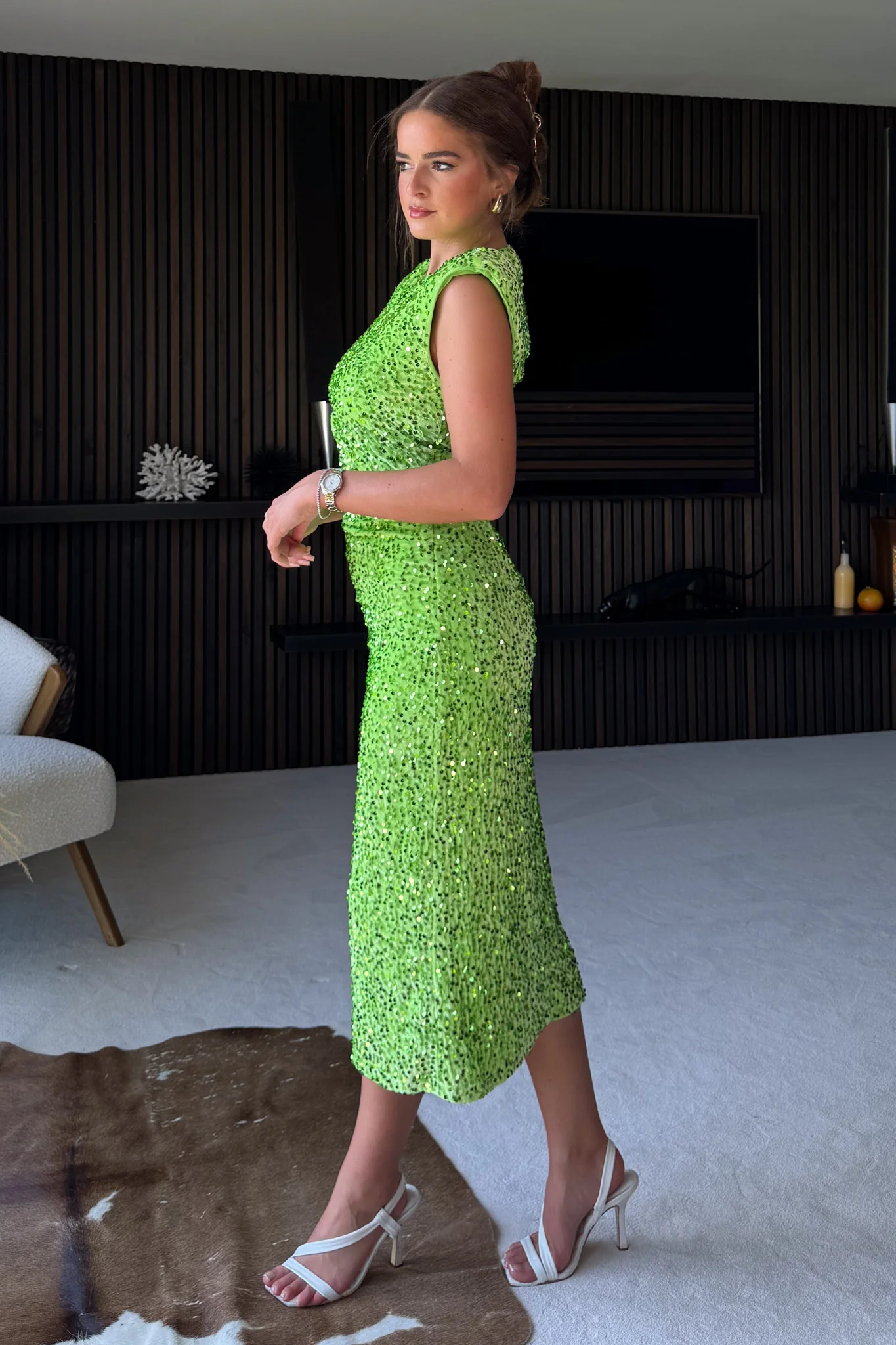 Edessa Lime Sequin Shoulder Pad Midi Dress - Image 4