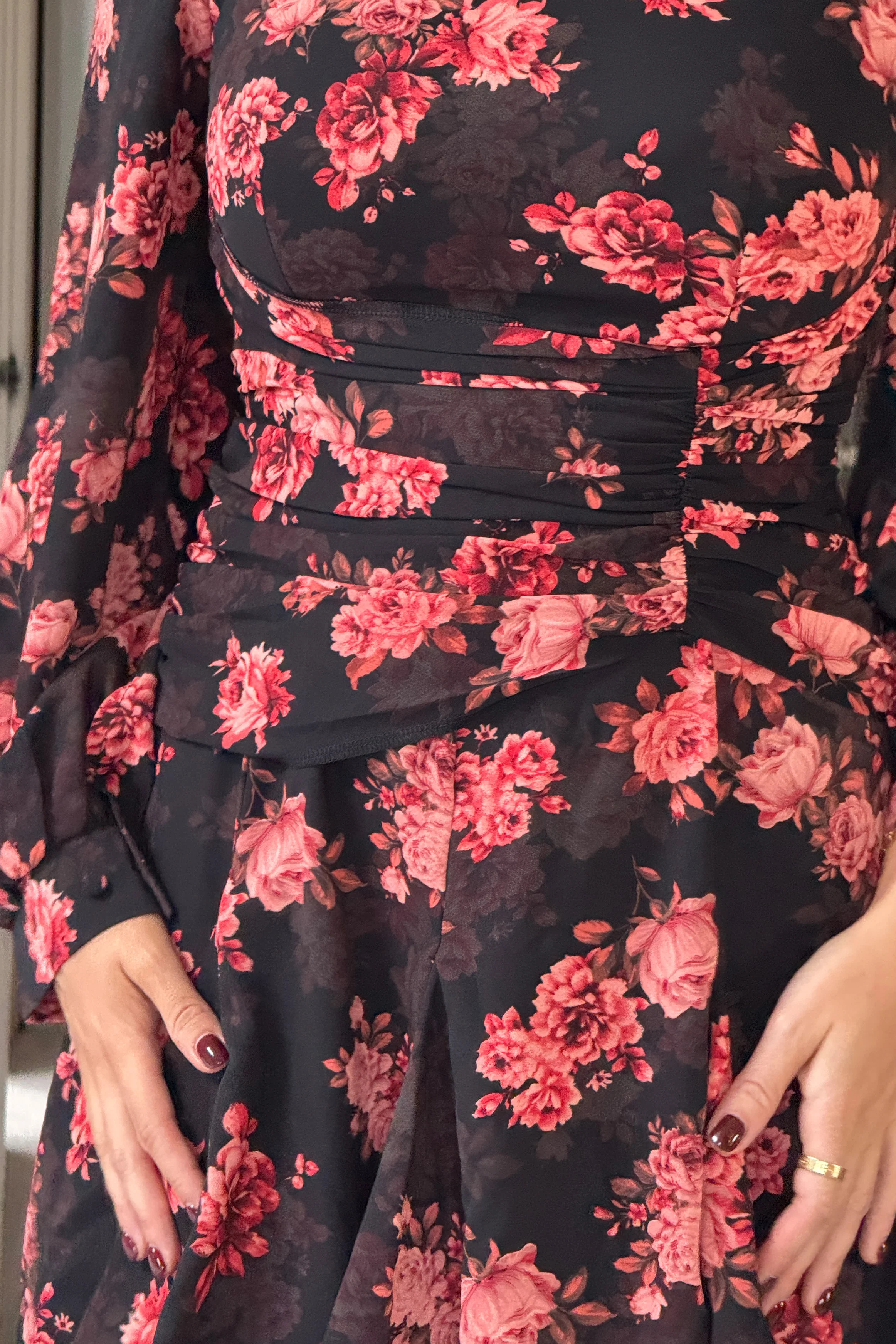 Effie Long Sleeve Sweetheart Neckline Mini Dress In Black Floral - Image 2