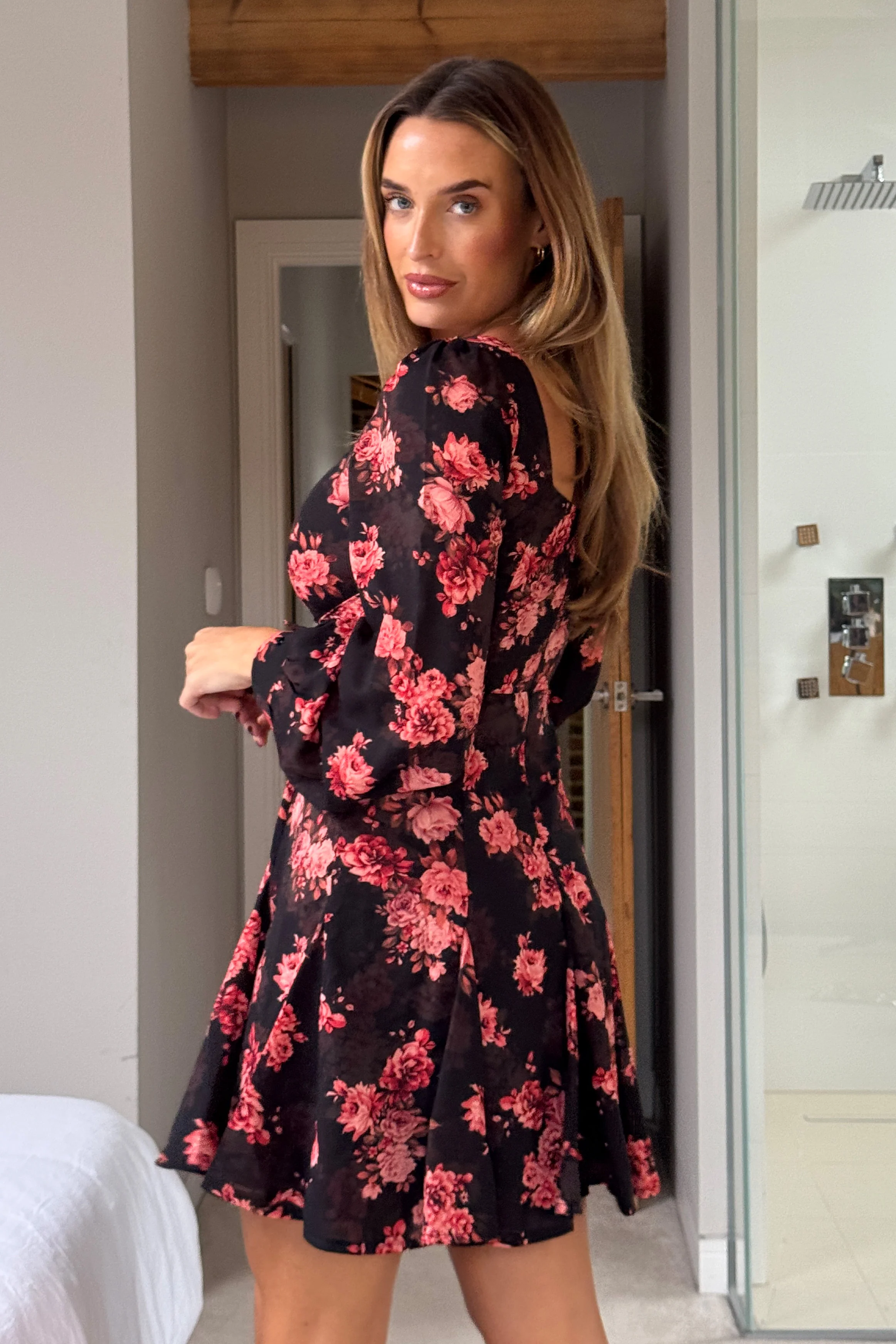 Effie Long Sleeve Sweetheart Neckline Mini Dress In Black Floral - Image 5