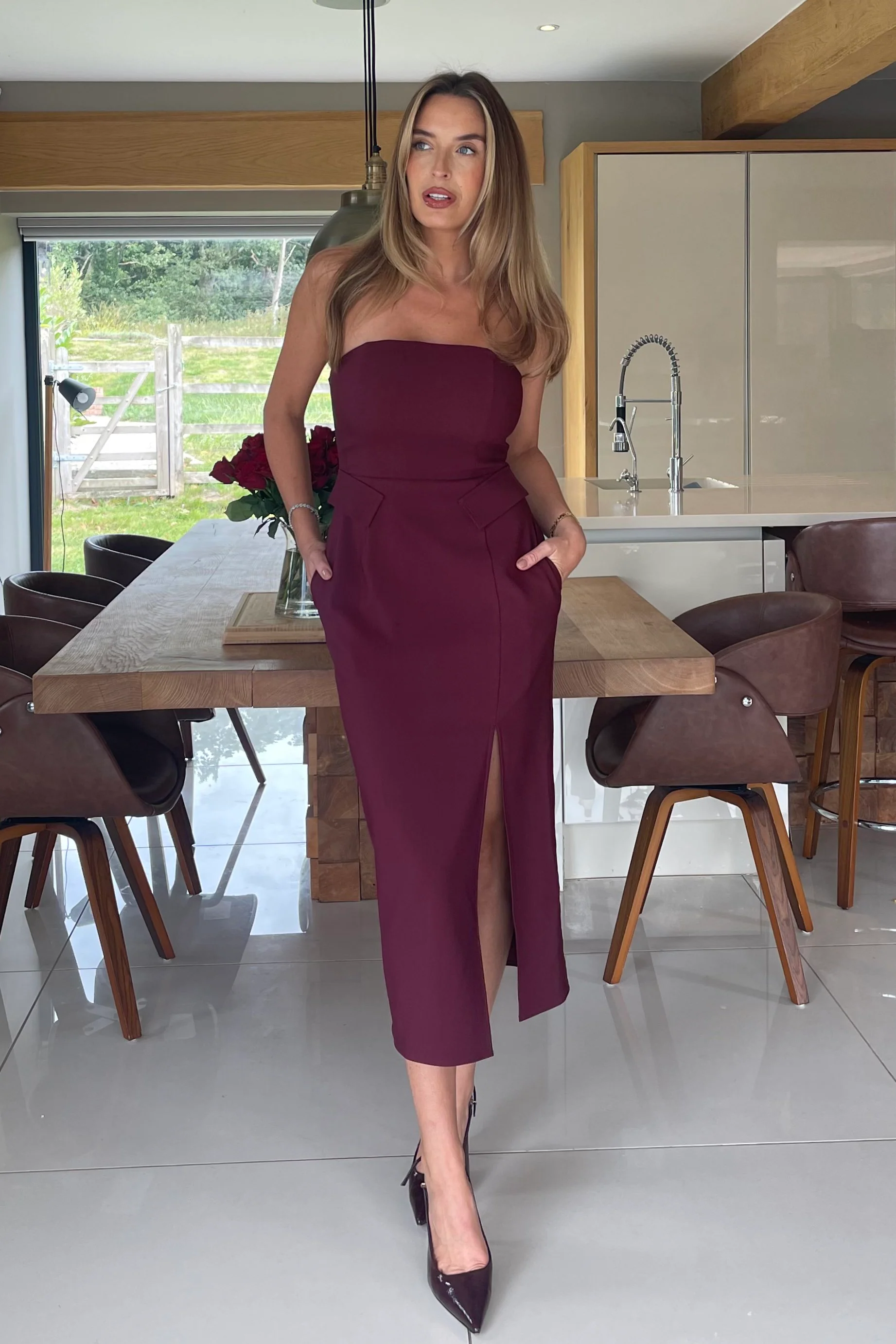 Elain Bandeau Front Split Bodycon Midi Dress Berry - Image 4