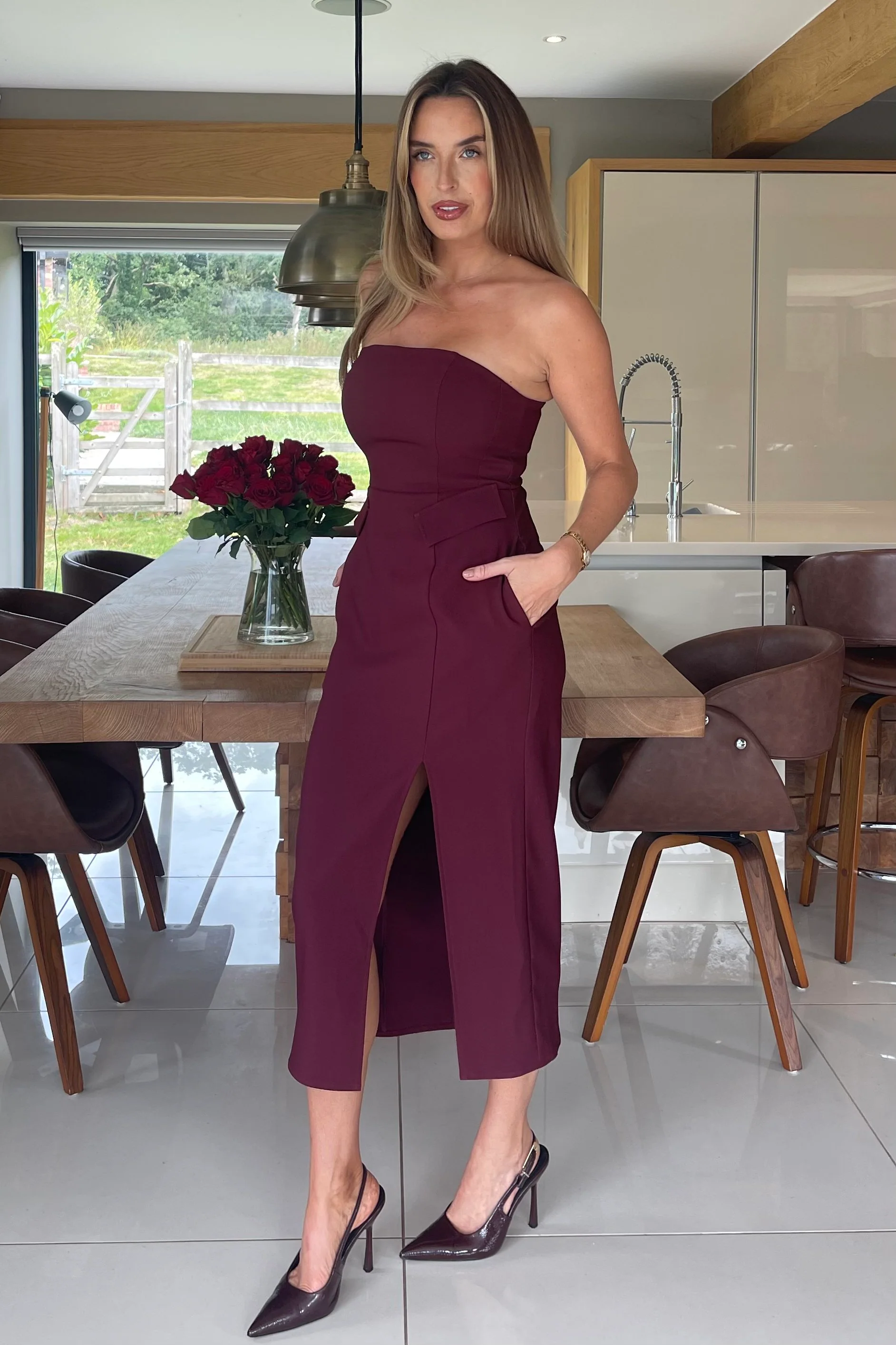 Elain Bandeau Front Split Bodycon Midi Dress Berry - Image 5