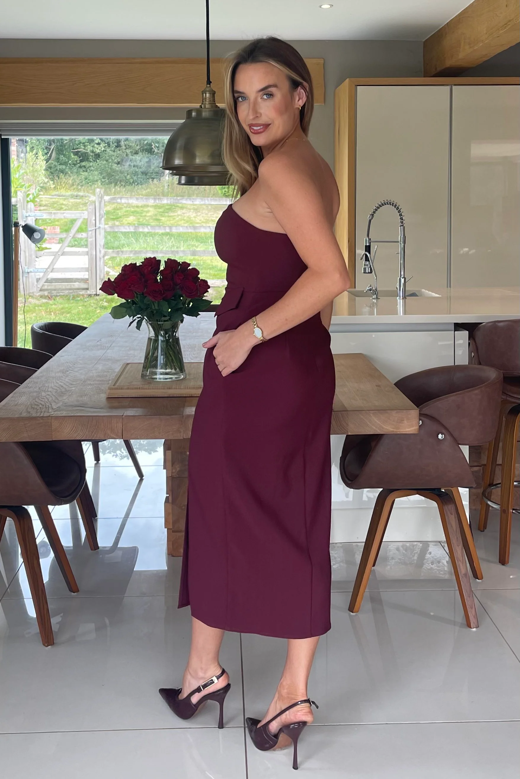 Elain Bandeau Front Split Bodycon Midi Dress Berry - Image 6