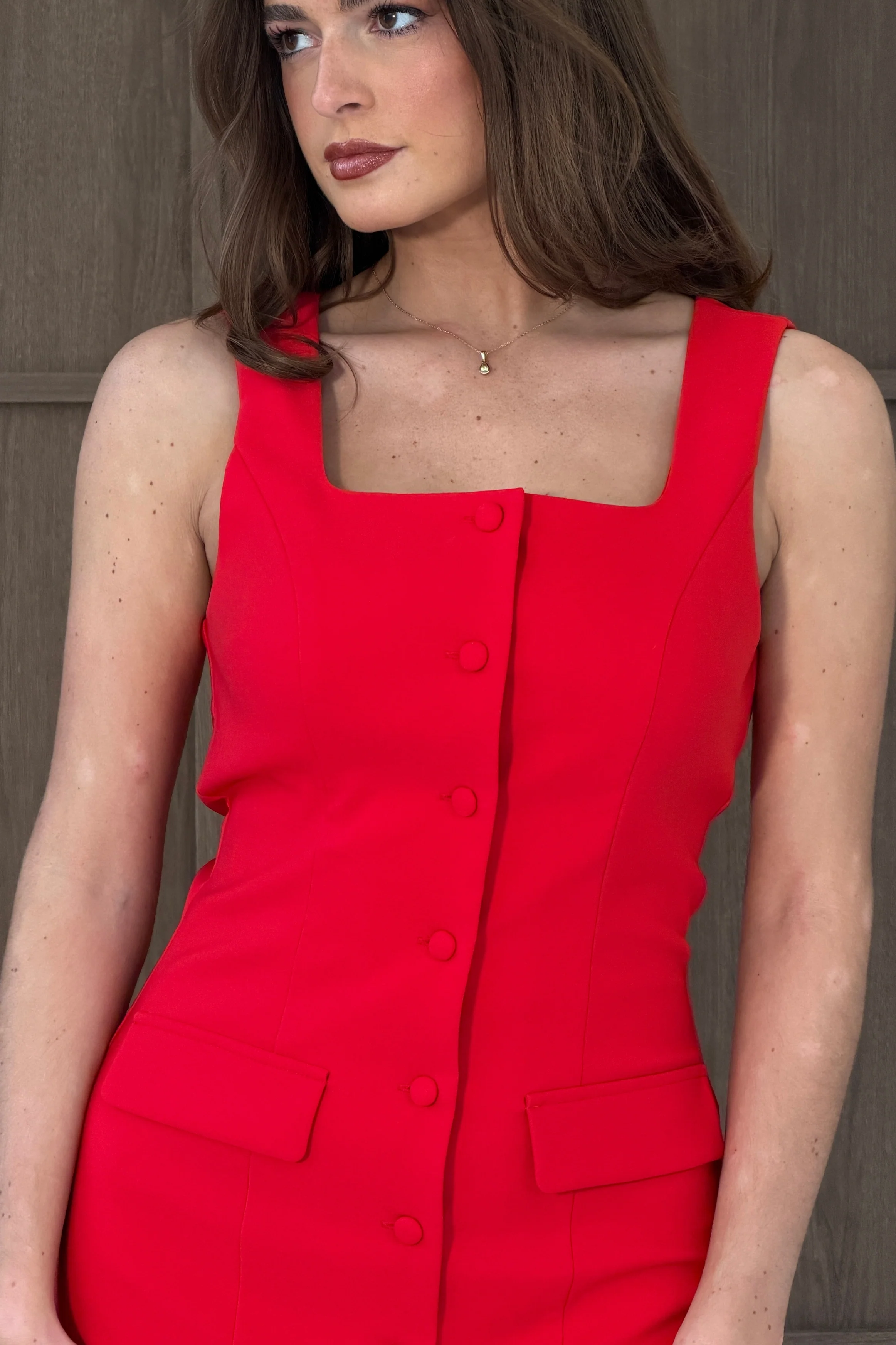 Elara Button Up Sleeveless Mini Dress Red - Image 3