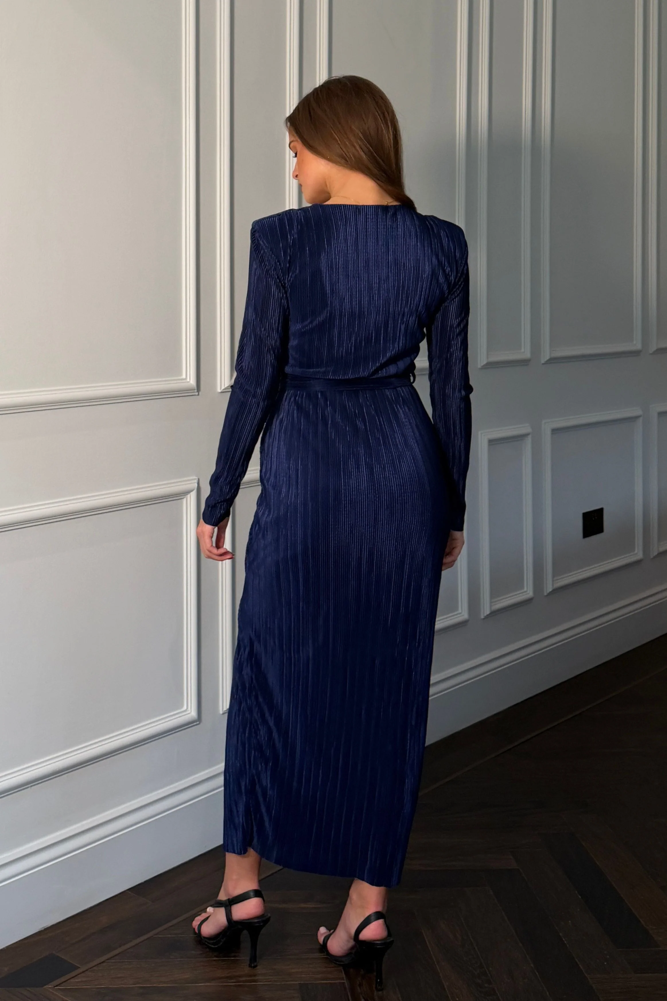 Elena Long Sleeve Ruched Seamed Midi Dress Navy - Image 6
