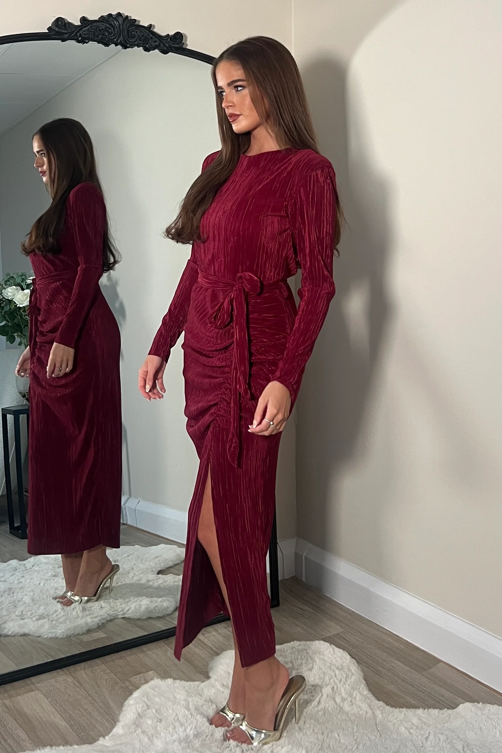Elena Long Sleeve Ruched Seamed Midi Dress Wine - Image 3