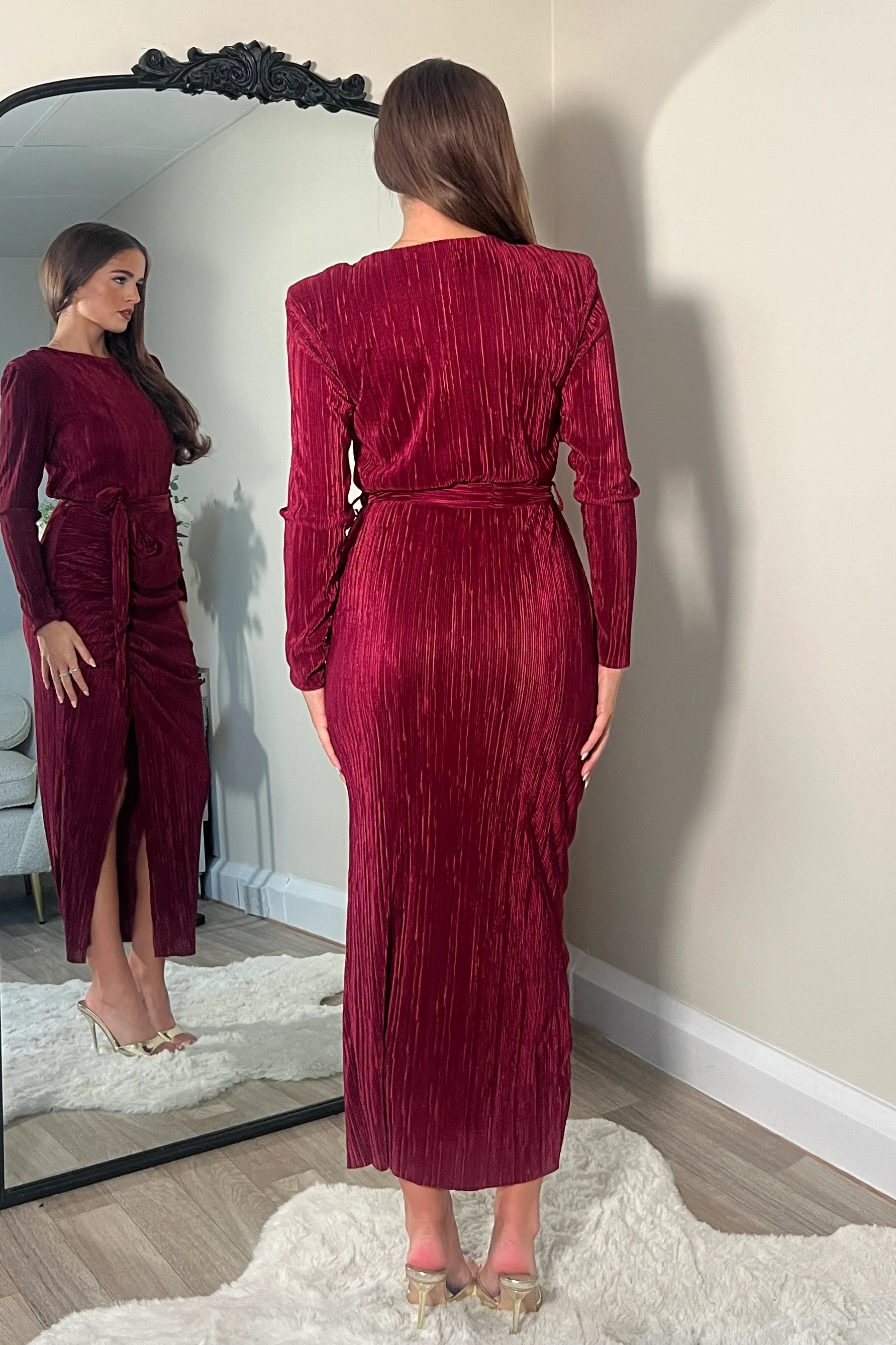 Elena Long Sleeve Ruched Seamed Midi Dress Wine - Image 4