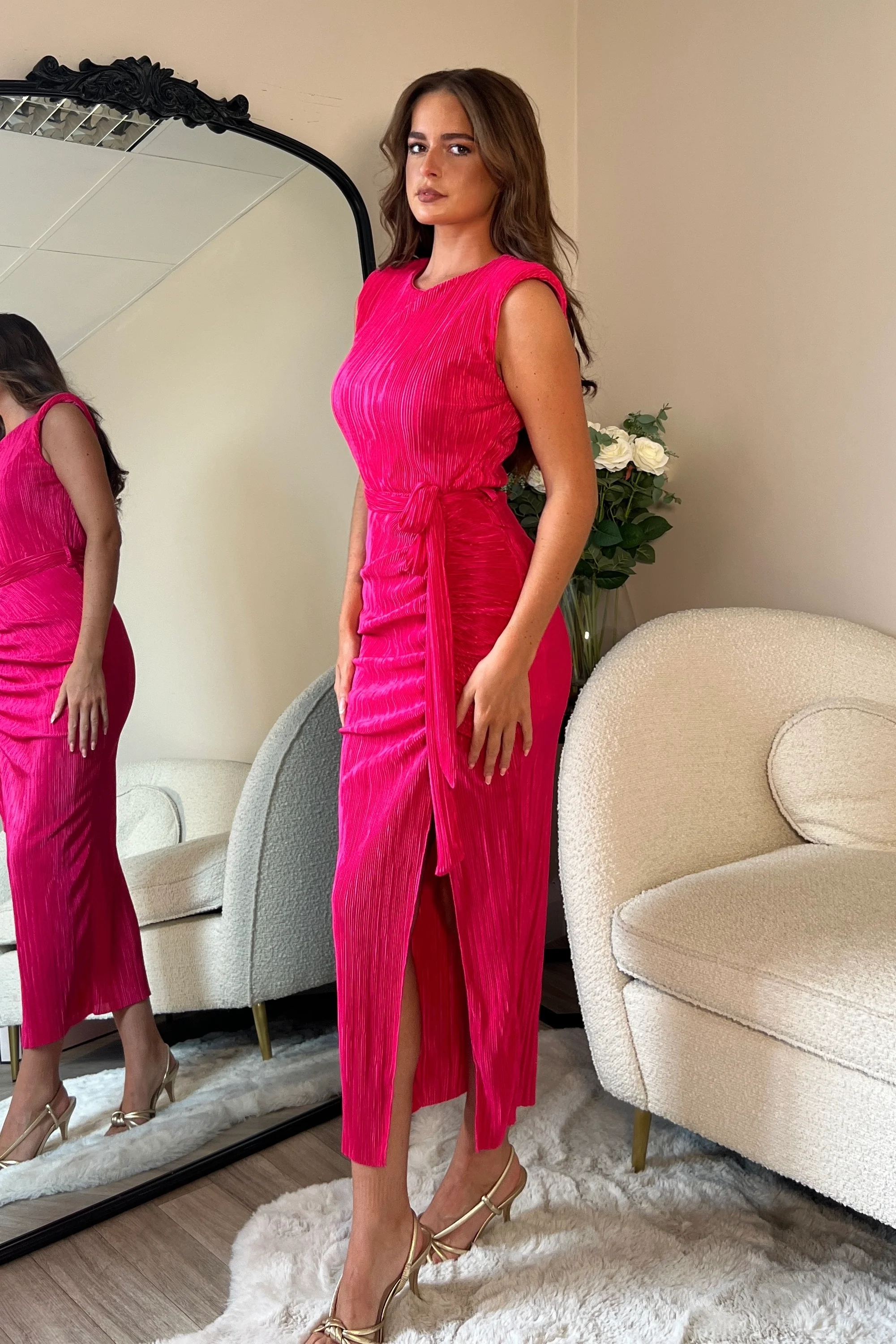 Elena Ruched Seamed Midi Dress Hot Pink - Image 3
