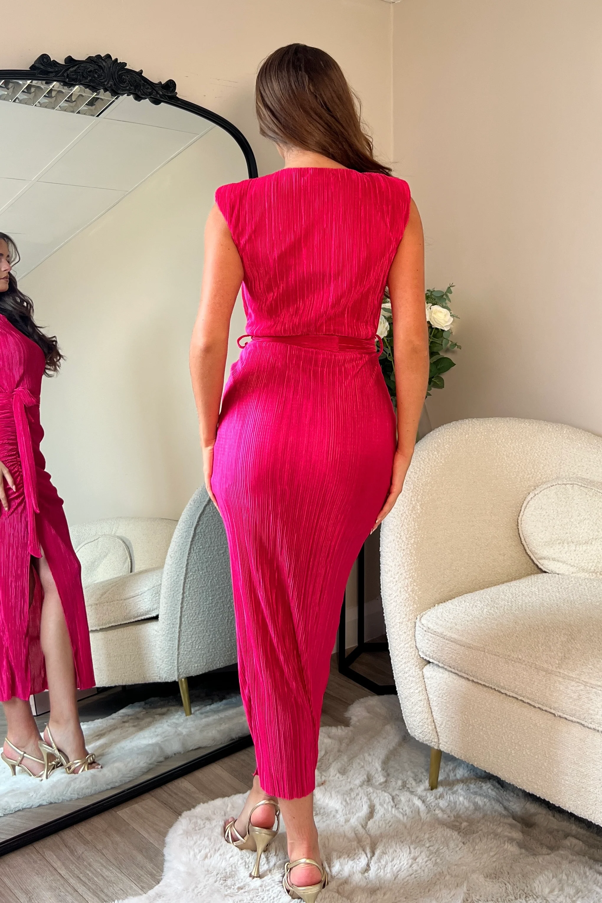 Elena Ruched Seamed Midi Dress Hot Pink - Image 4