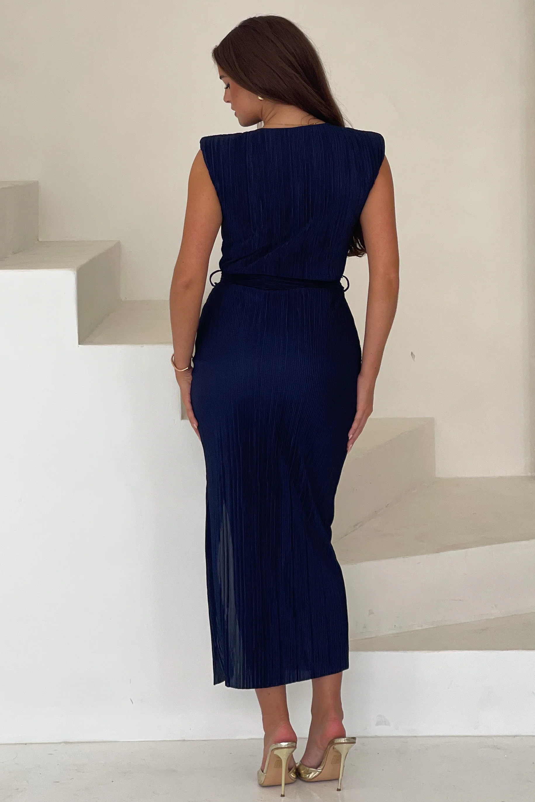 Elena Ruched Seamed Midi Dress Navy - Image 5