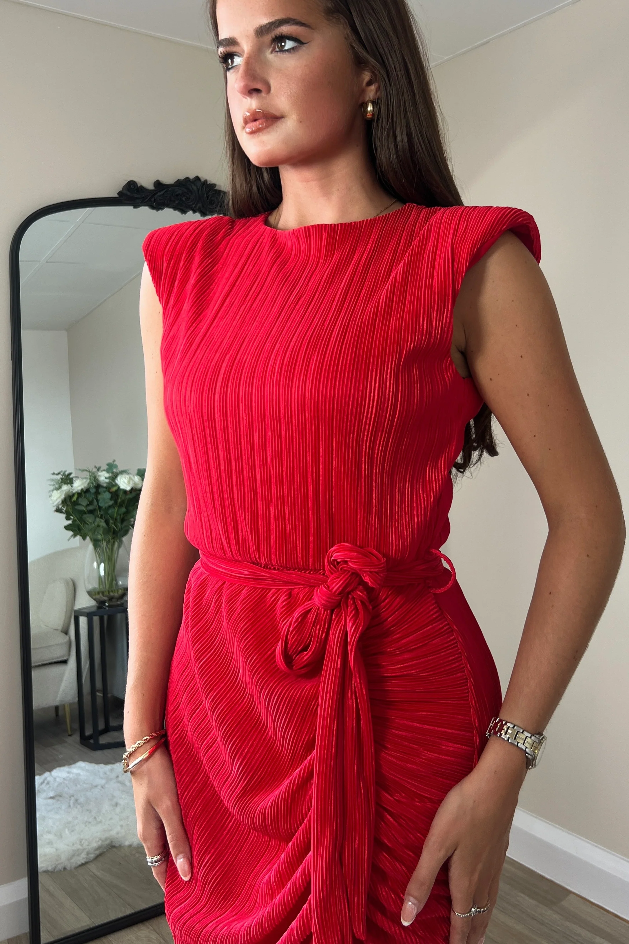 Elena Ruched Seamed Midi Dress Red - Image 2