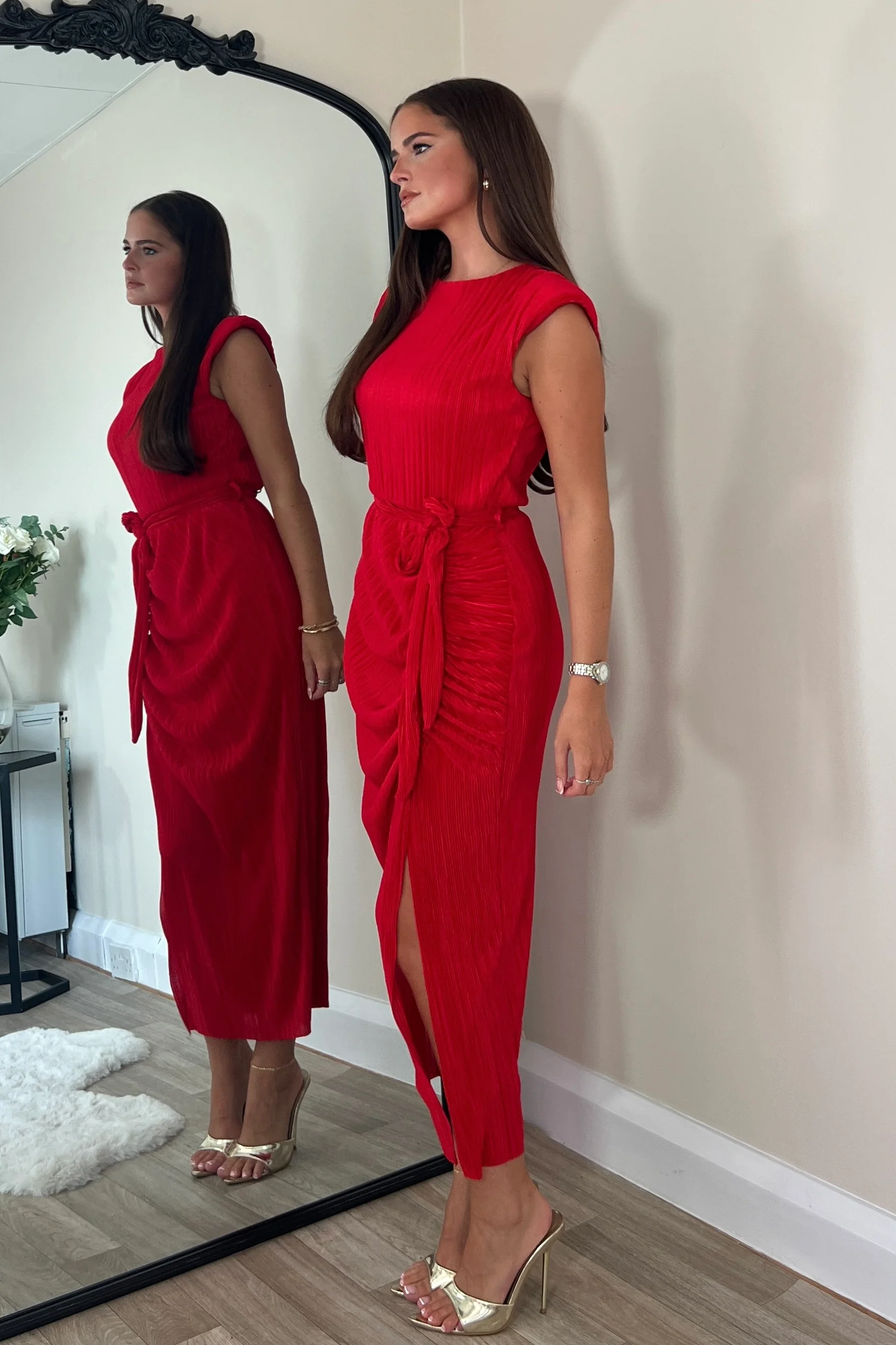 Elena Ruched Seamed Midi Dress Red - Image 3