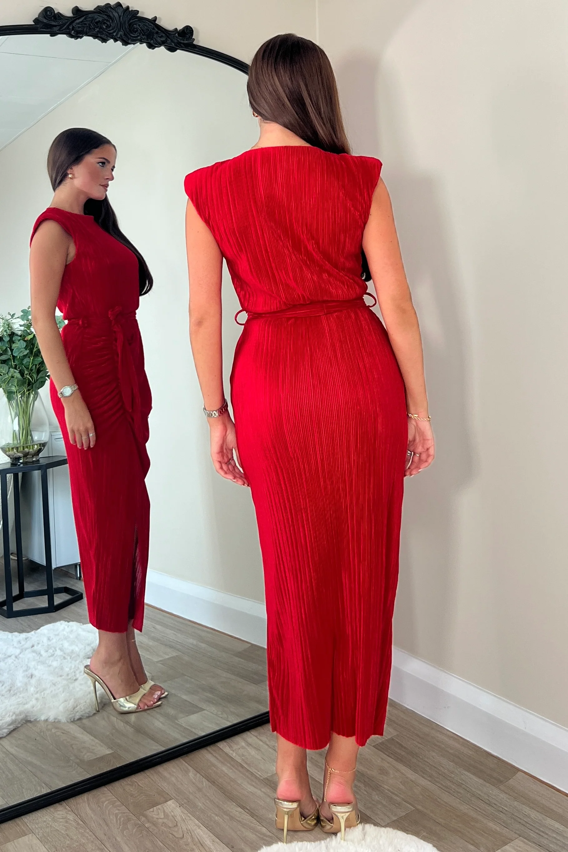 Elena Ruched Seamed Midi Dress Red - Image 4