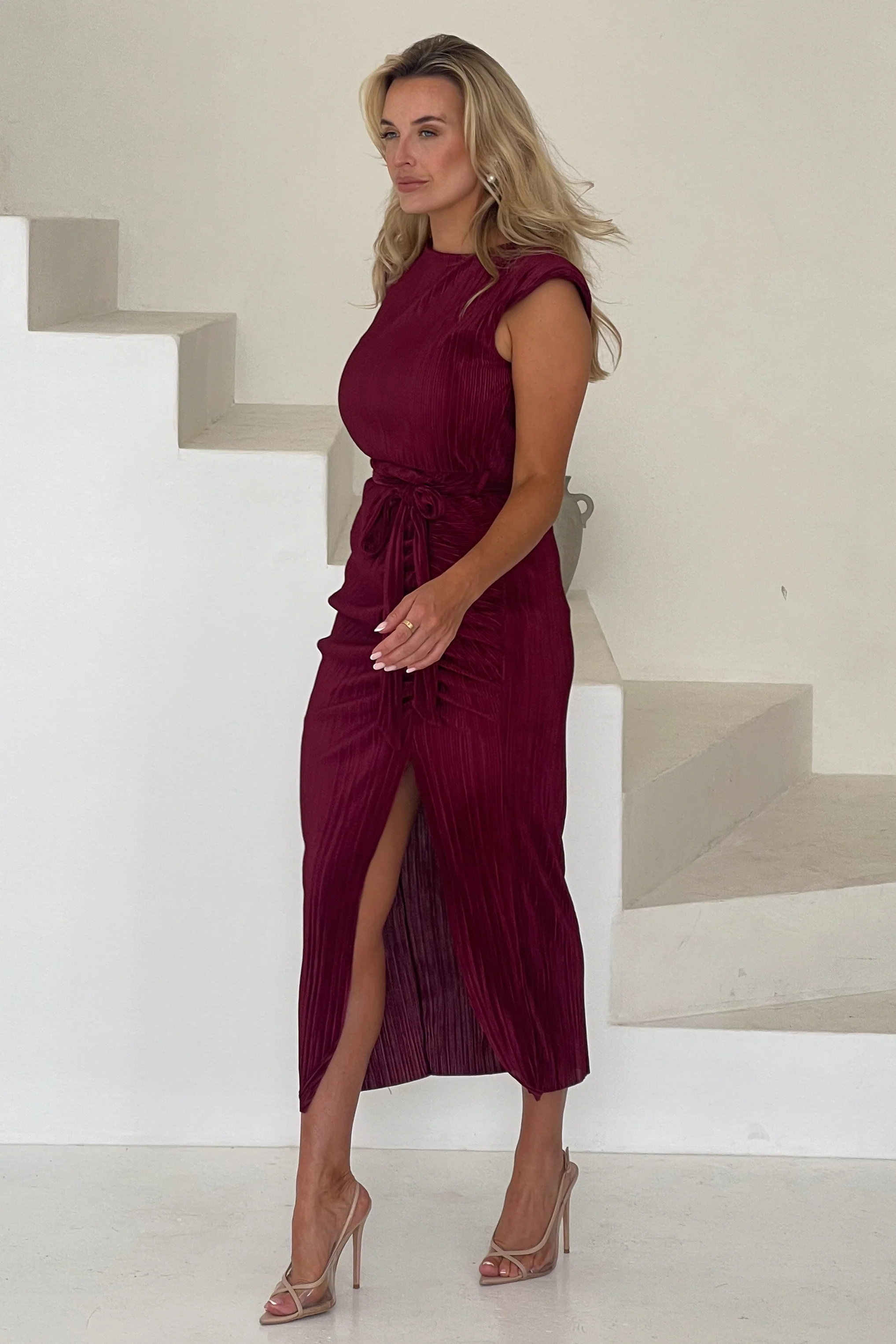 Elena Ruched Seamed Midi Dress Wine - Image 4