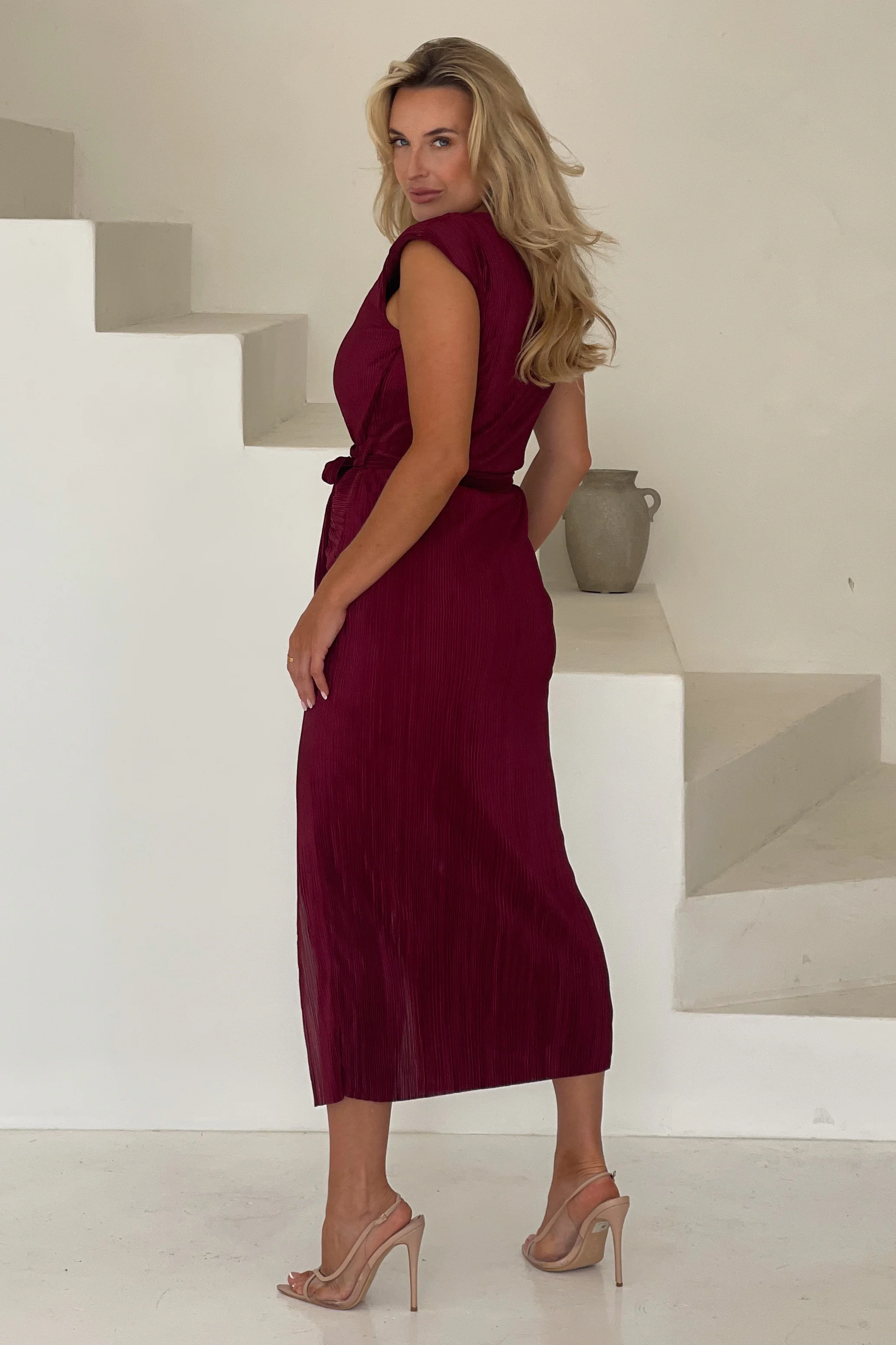 Elena Ruched Seamed Midi Dress Wine - Image 5