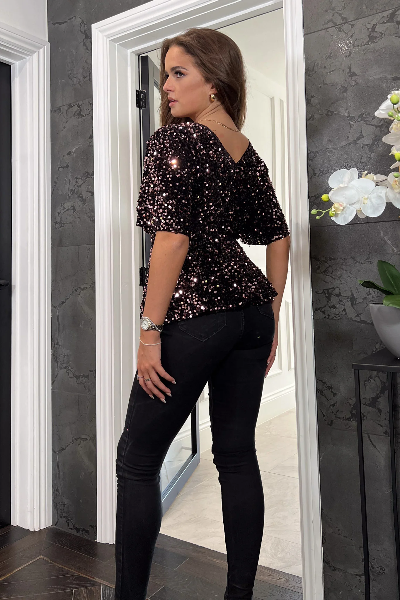Ella Wrap Neck Velvet Sequin Top Rose Gold - Image 5