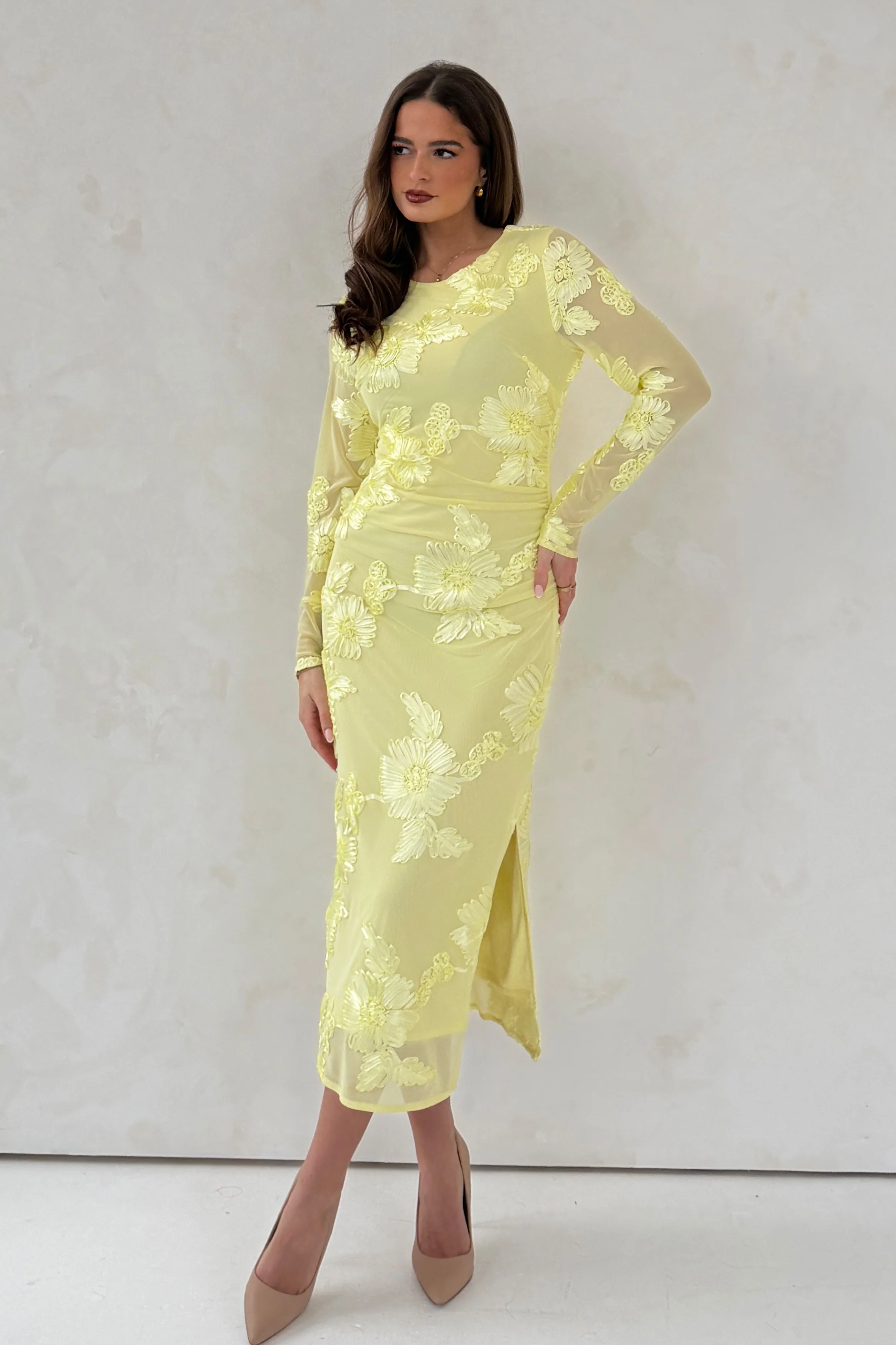 Elodie Floral Embroidered Mesh Bodycon Midi Dress Yellow - Image 4