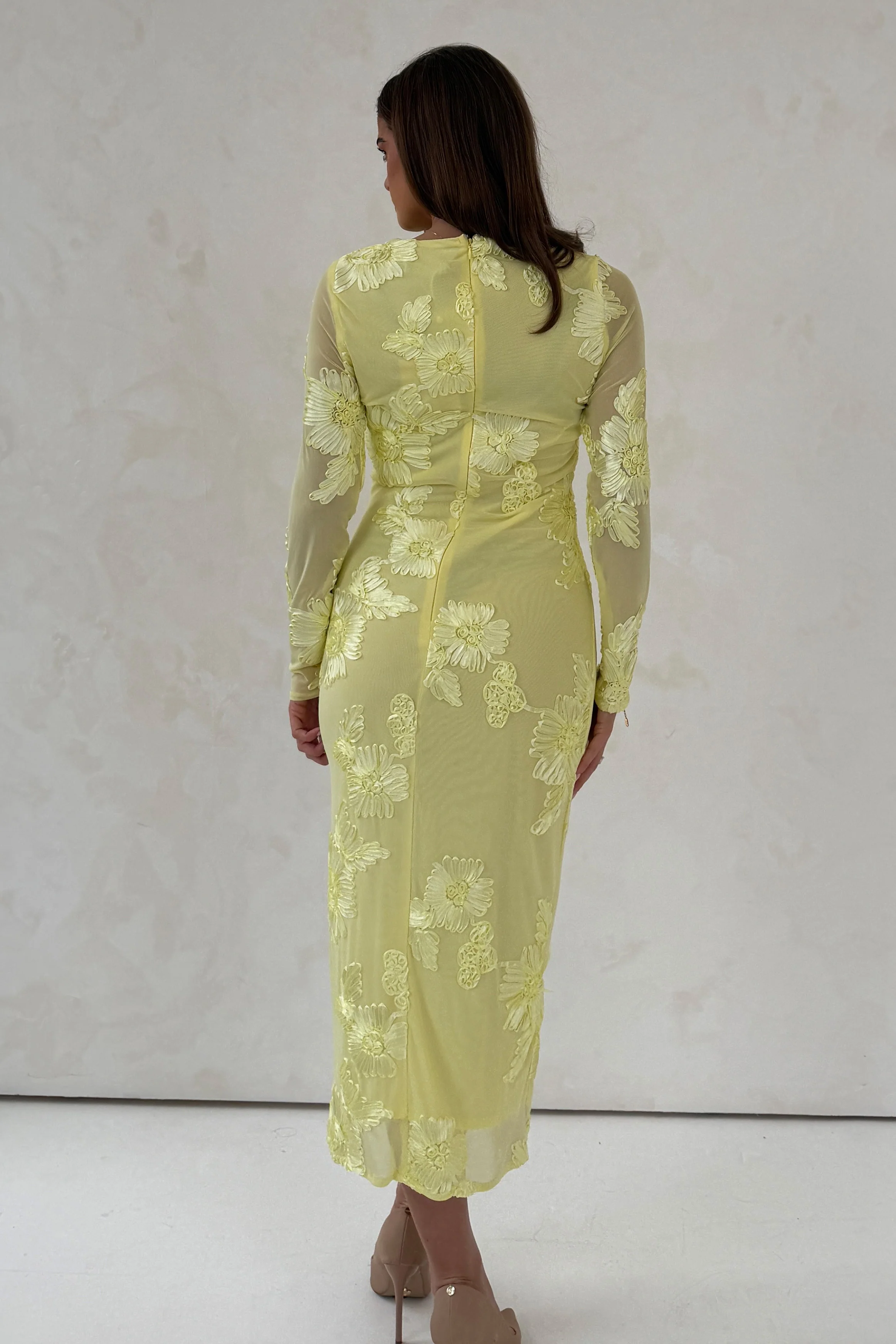 Elodie Floral Embroidered Mesh Bodycon Midi Dress Yellow - Image 5