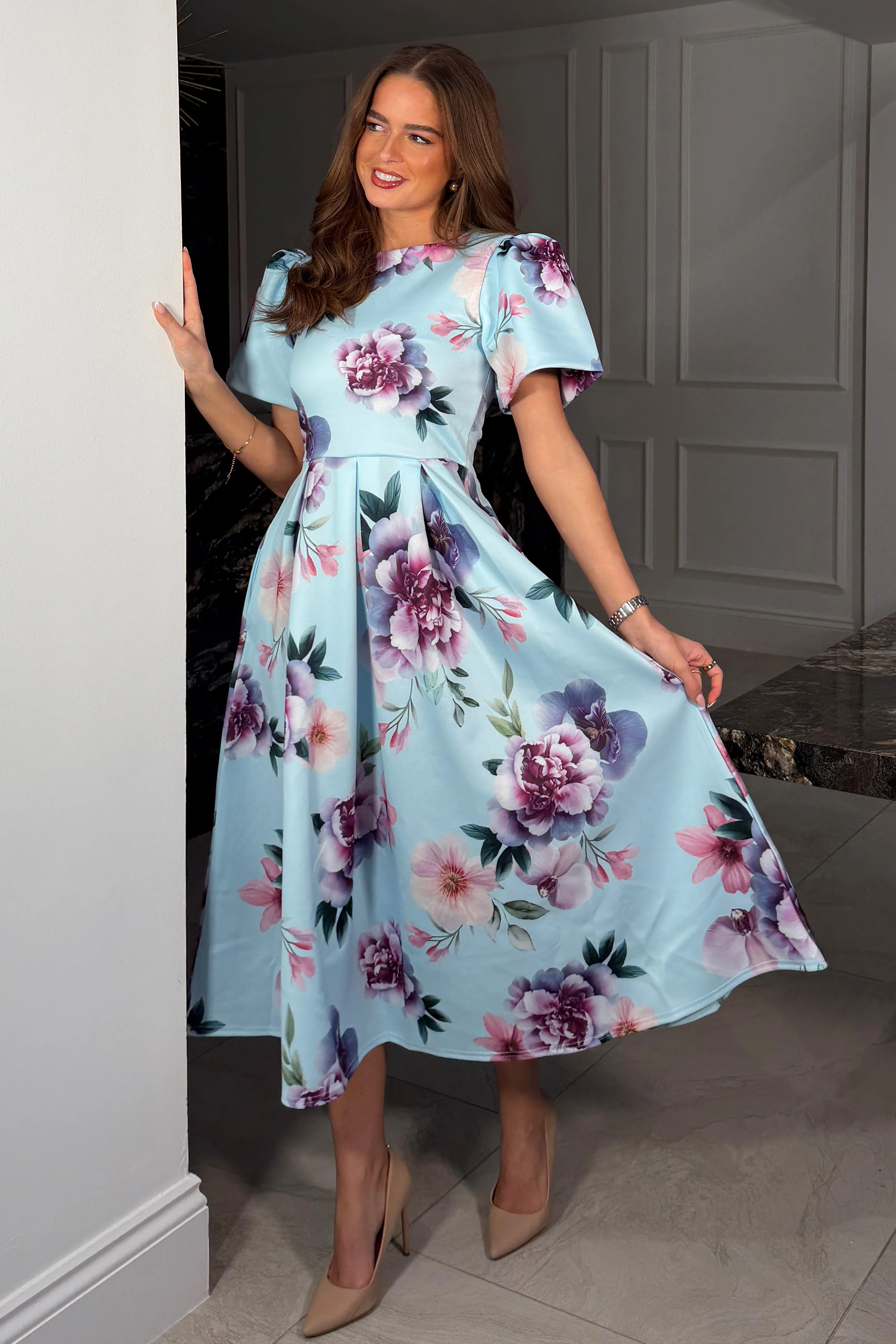 Elowin Statement Sleeve Skater Midi Dress Blue Floral - Image 3