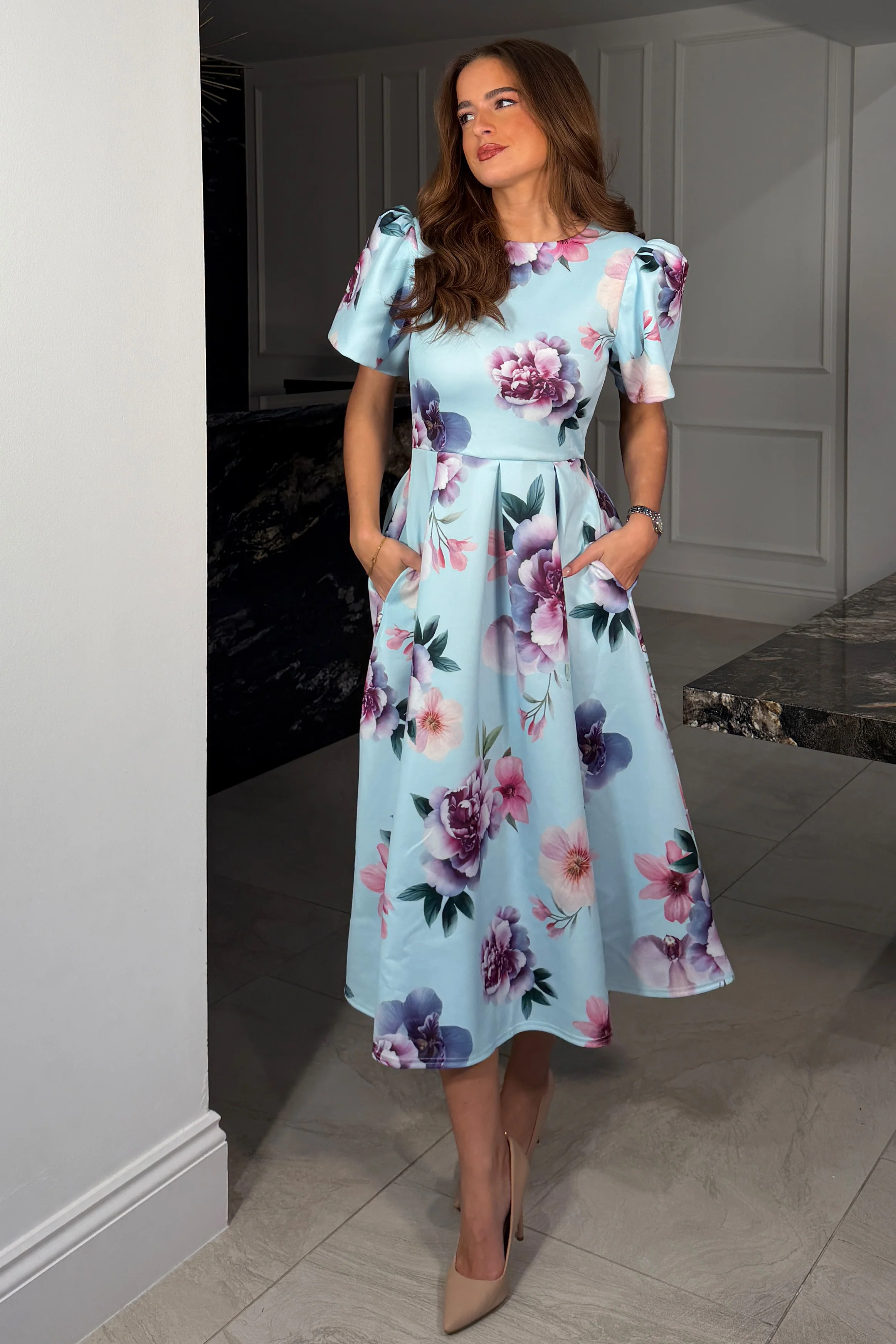Elowin Statement Sleeve Skater Midi Dress Blue Floral - Image 4